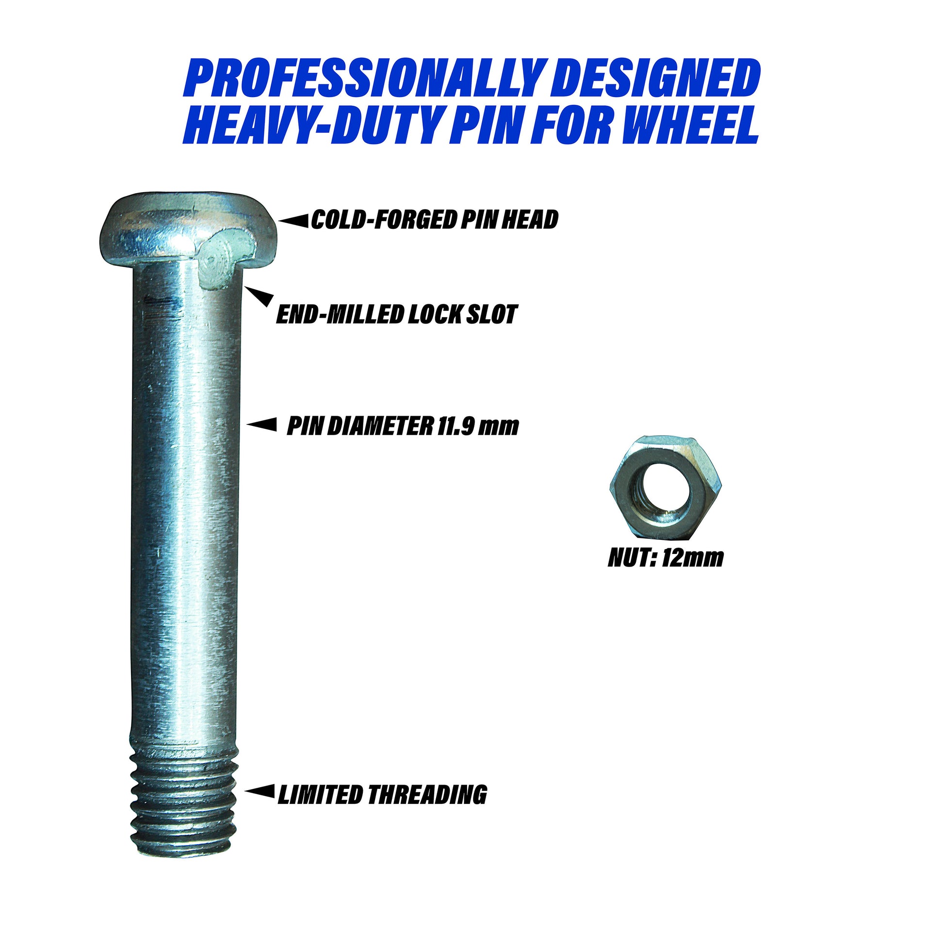 Describing professionally designed wheel hub pin for 4 inch and 6 inch caster wheel.