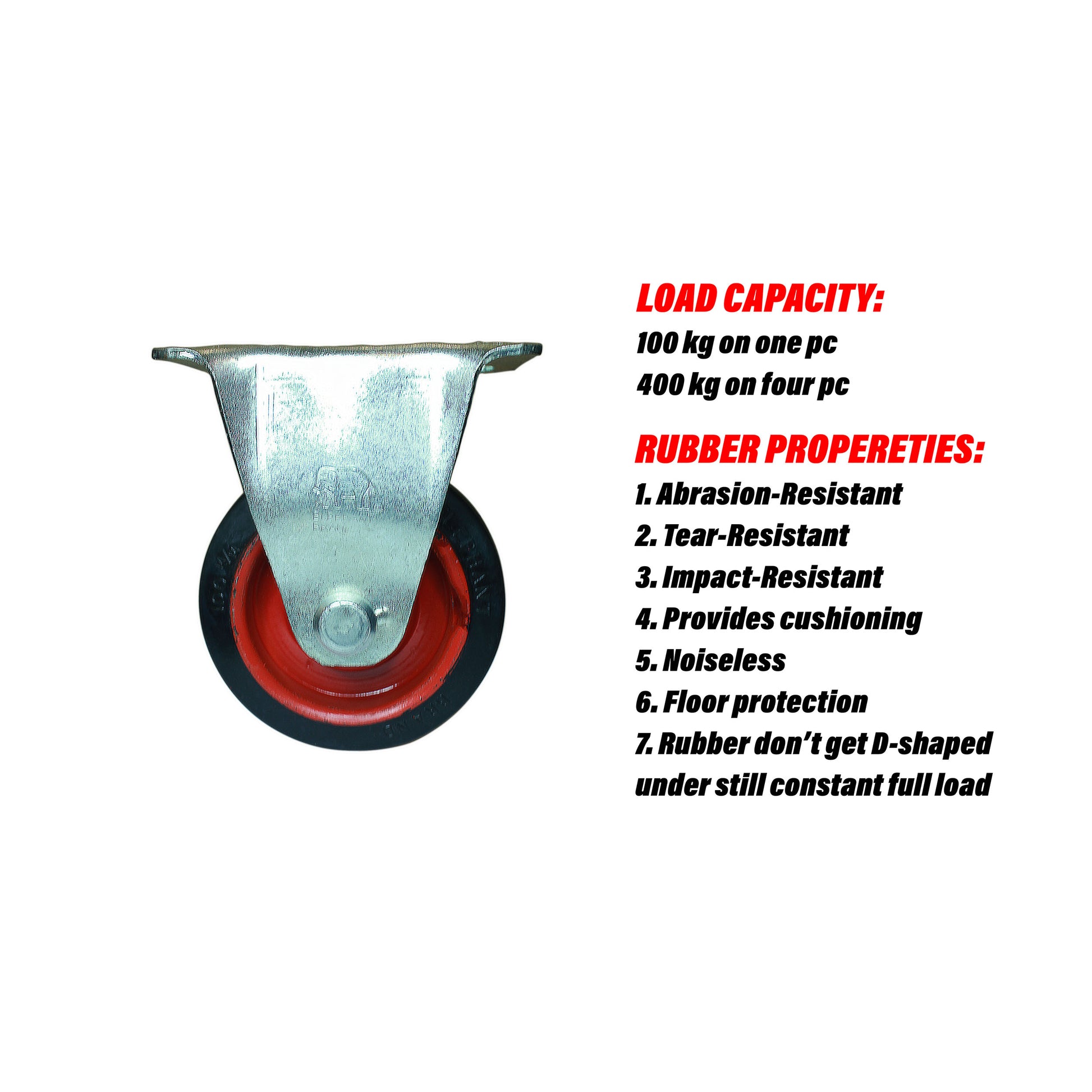 Rigid 4 inch caster wheel with rubber features like cushioning, noiseless and 400 kg load capacity.