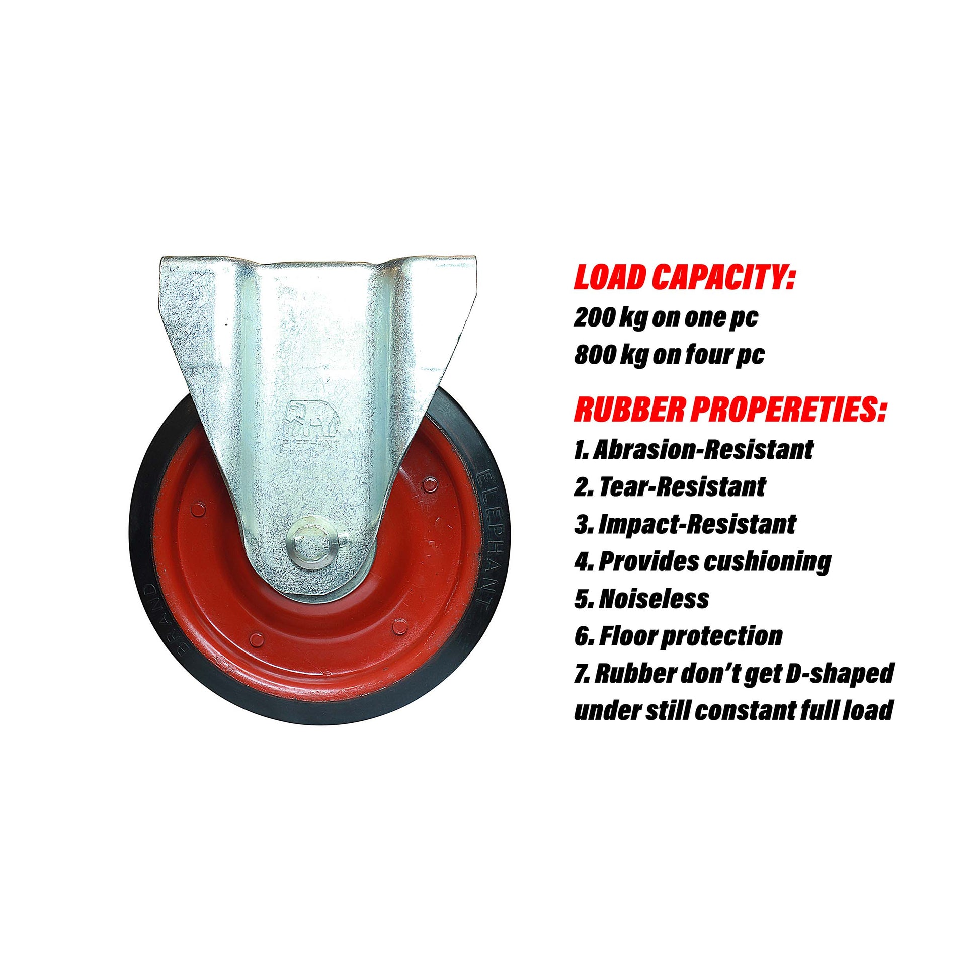 Rigid 8 inch caster wheel with rubber features like cushioning, noiseless and 800 kg load capacity.