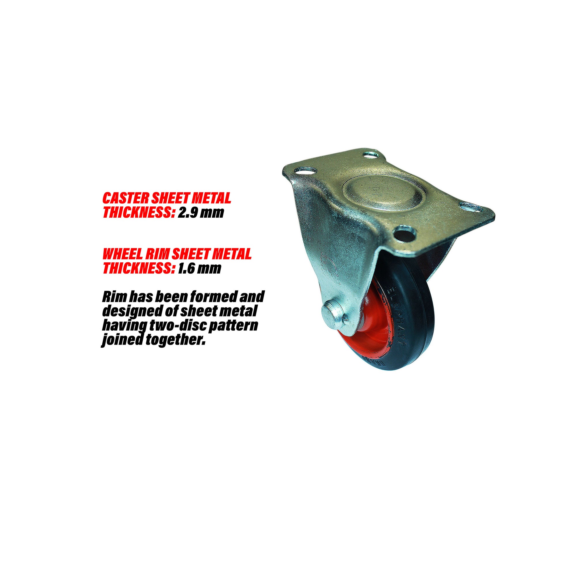 Rigid 4 inch caster wheel details about sheet metal thickness of caster and rim and design of rim.