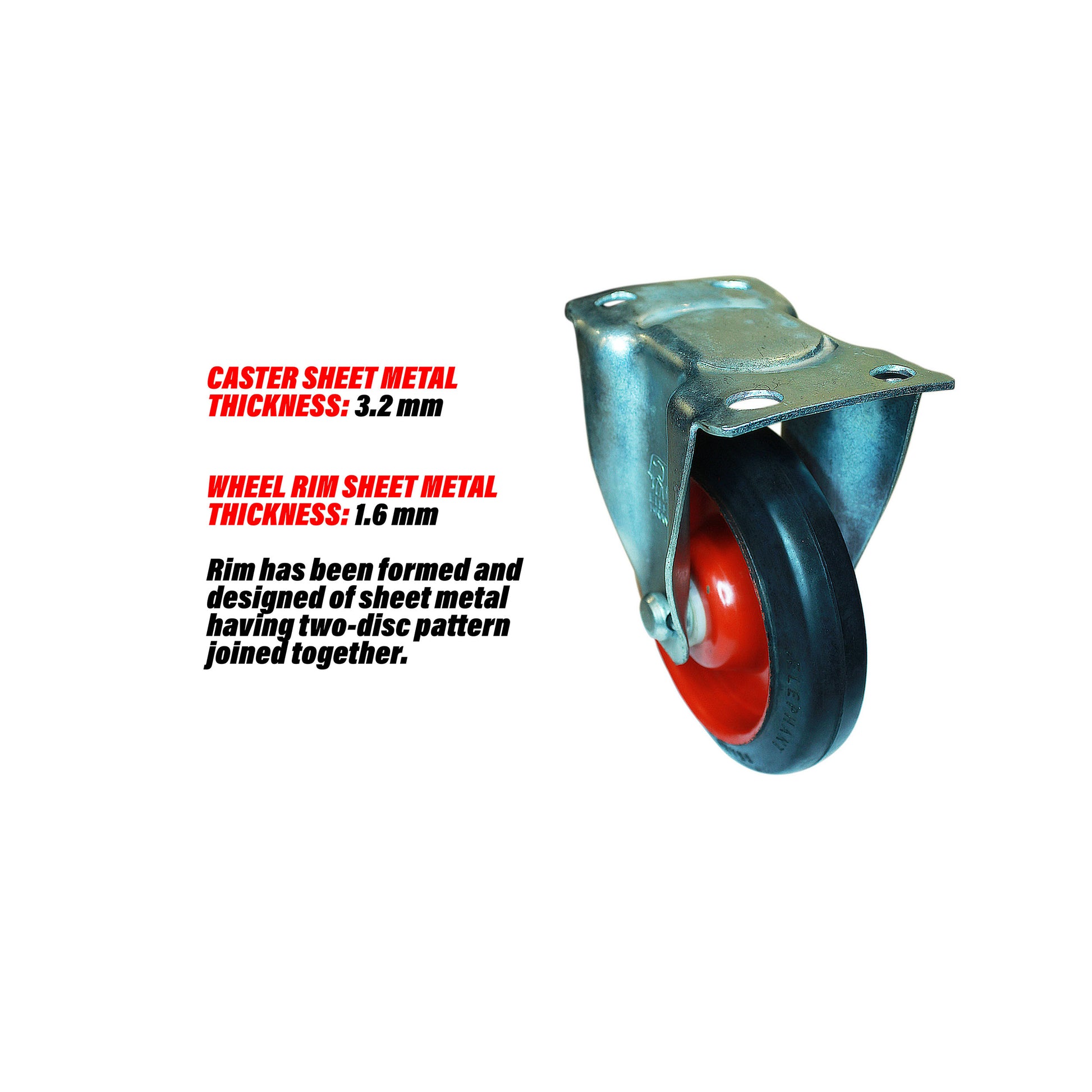 Rigid 6 inch caster wheel details about sheet metal thickness of caster and rim and design of rim.