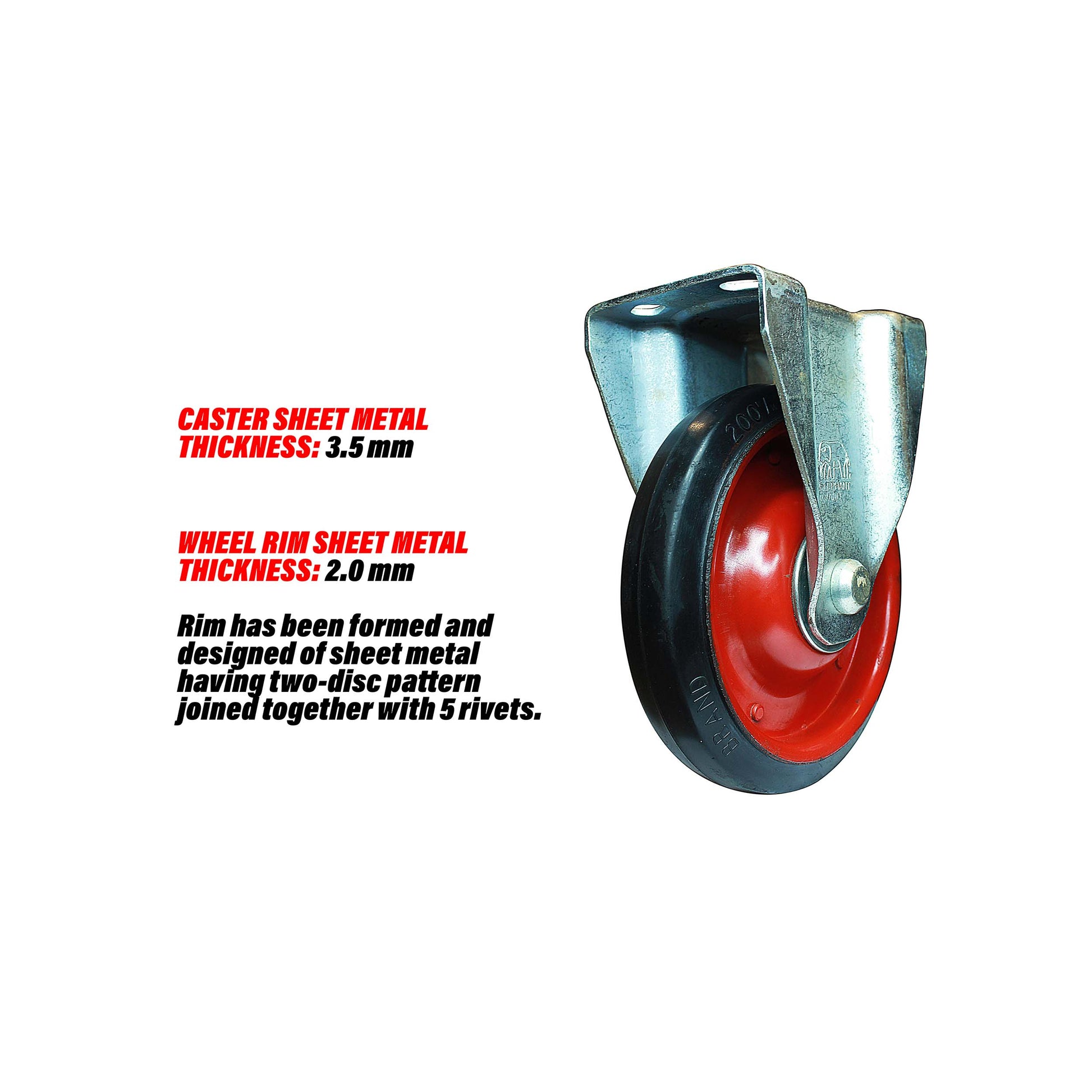 Rigid 8 inch caster wheel details about sheet metal thickness of caster and rim and design of rim.