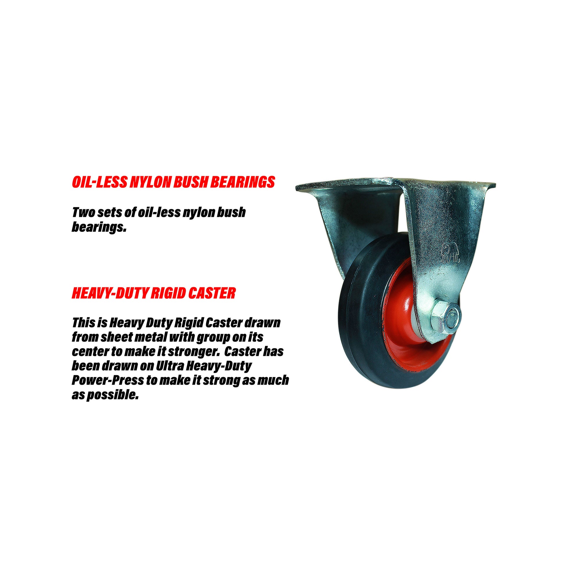 Rigid 4 inch caster wheel describing strong rigid caster and oil less wheel bearings.
