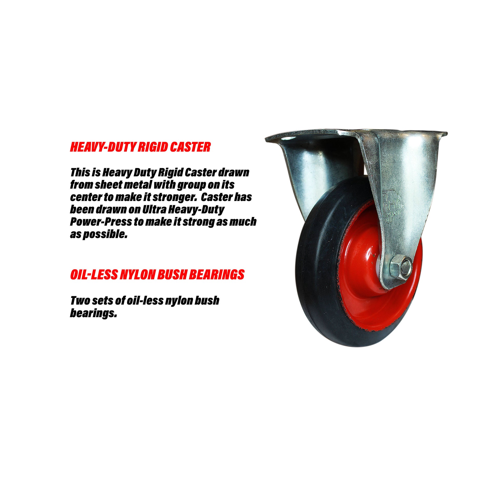 Rigid 6 inch caster wheel describing strong rigid caster and oil less wheel bearings.