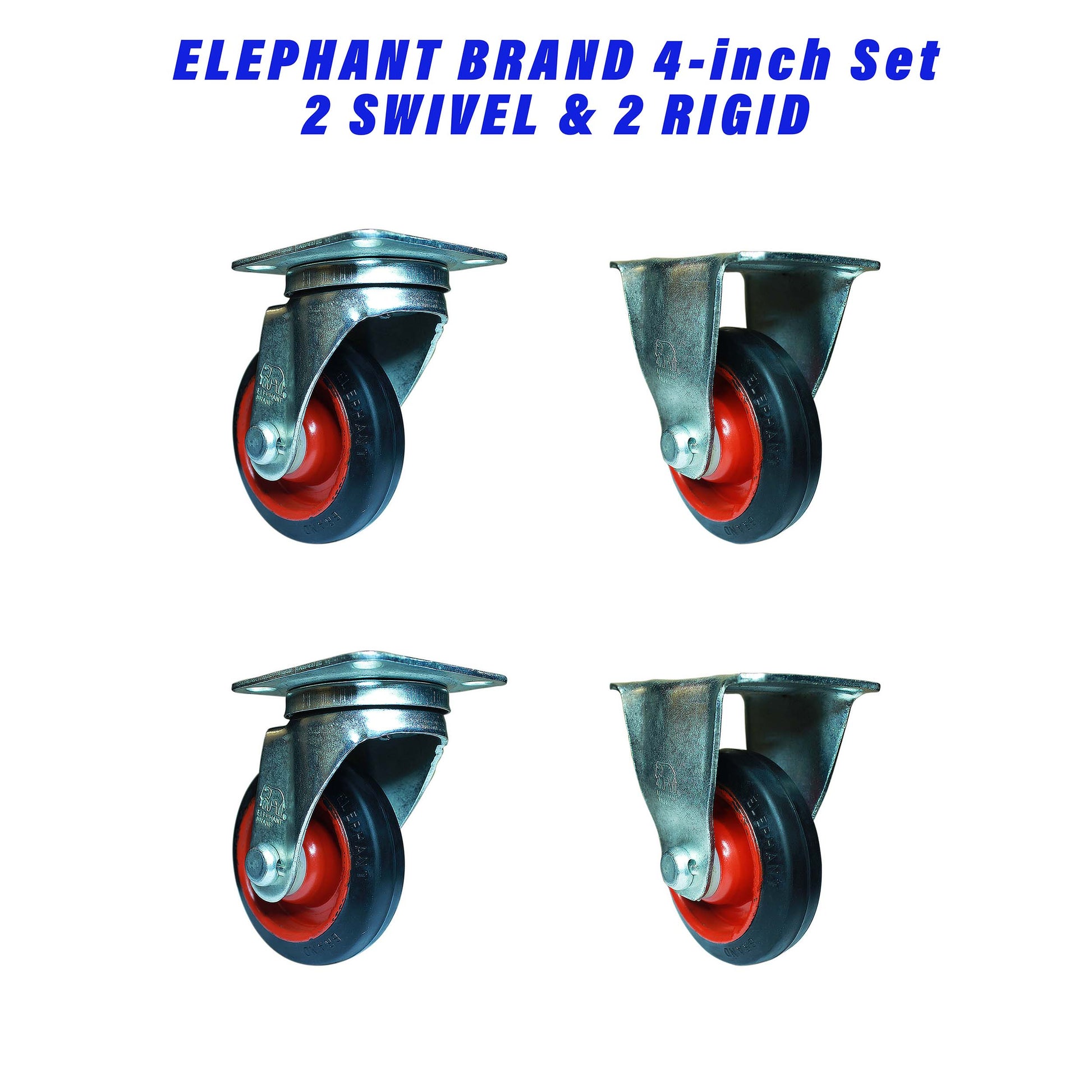 Set of two swivel and two rigid 4 inch caster wheels with rubber tread and metal plate mount.