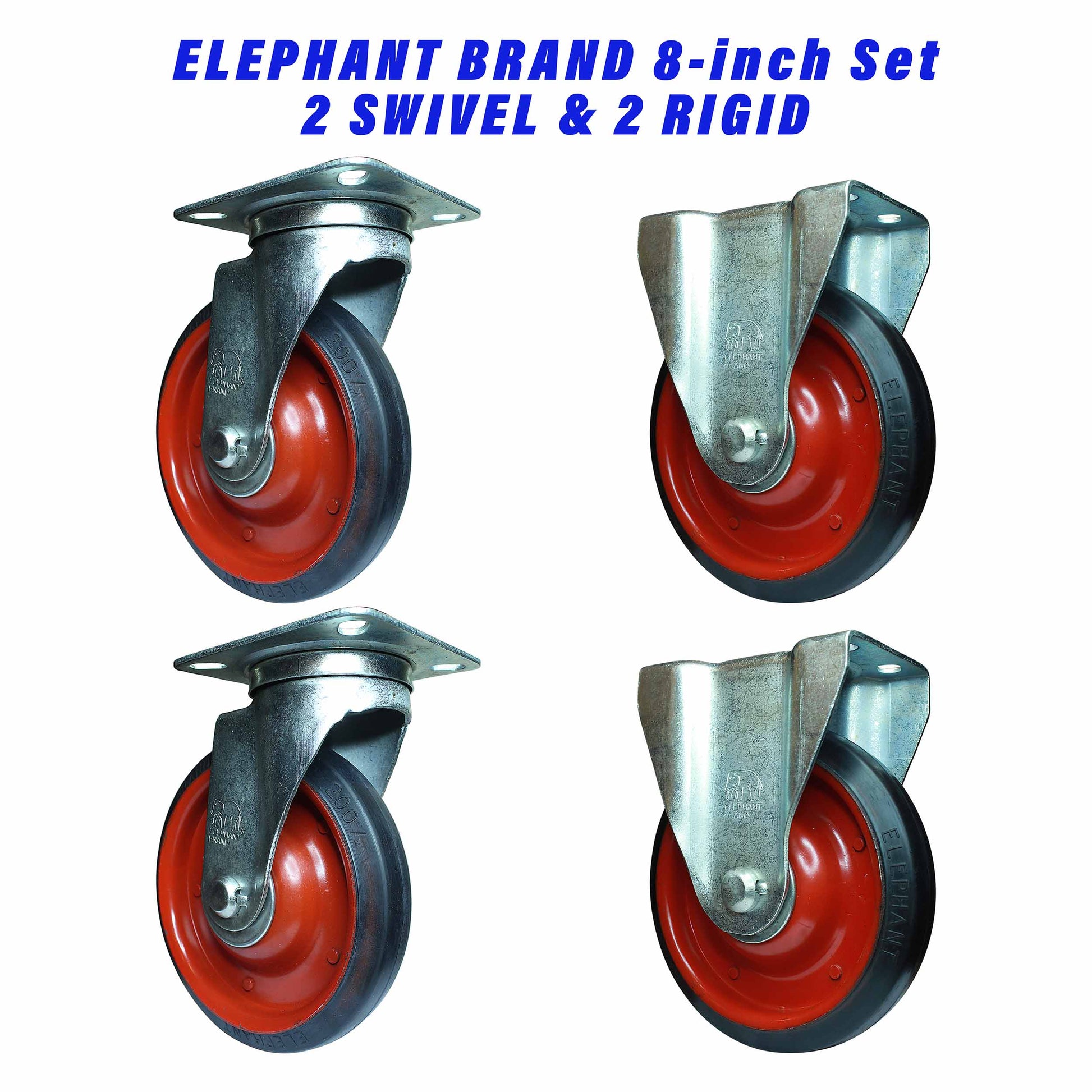 Set of two swivel and two rigid 8 inch caster wheels with rubber tread and metal plate mount.