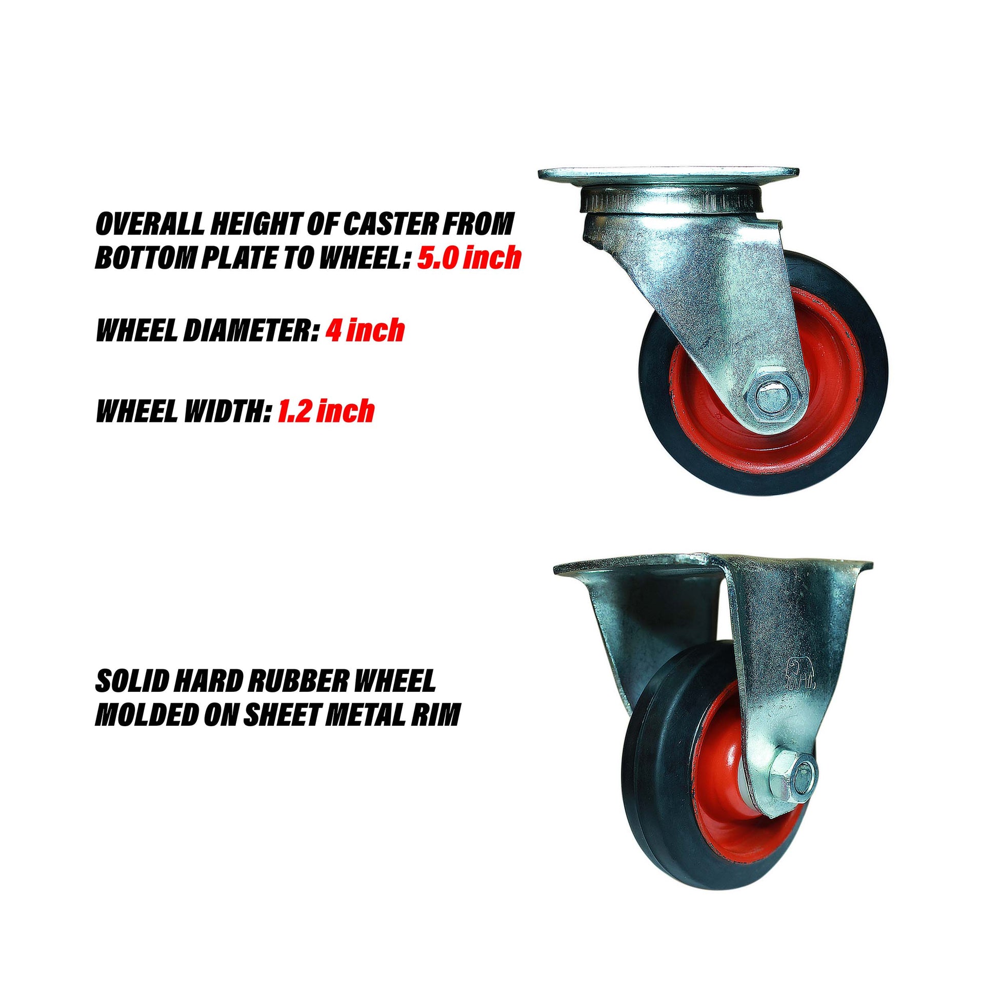 Swivel and rigid 4 inch caster wheels specification and wheel design.