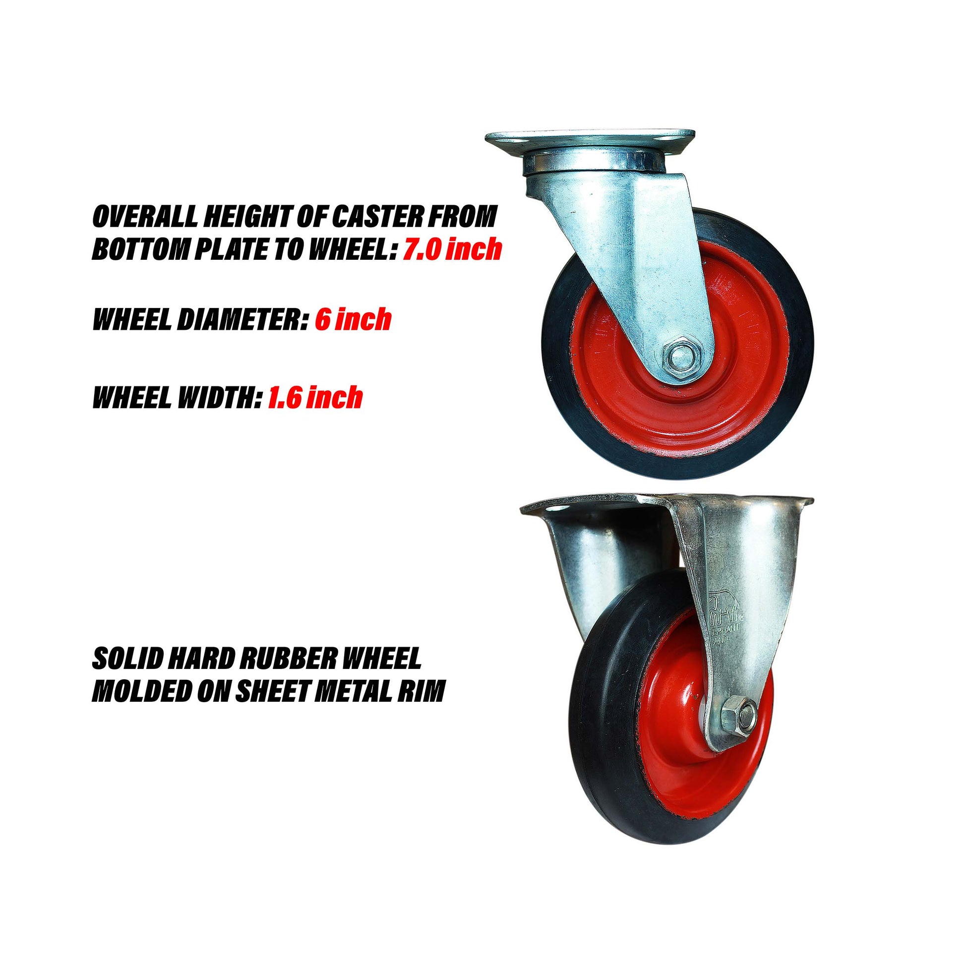 Swivel and rigid 6 inch caster wheels specification and wheel design.