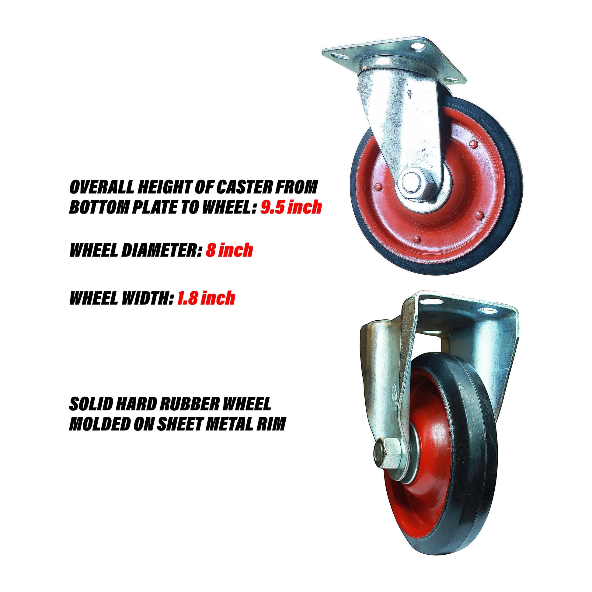 Swivel and rigid 8 inch caster wheels specification and wheel design.