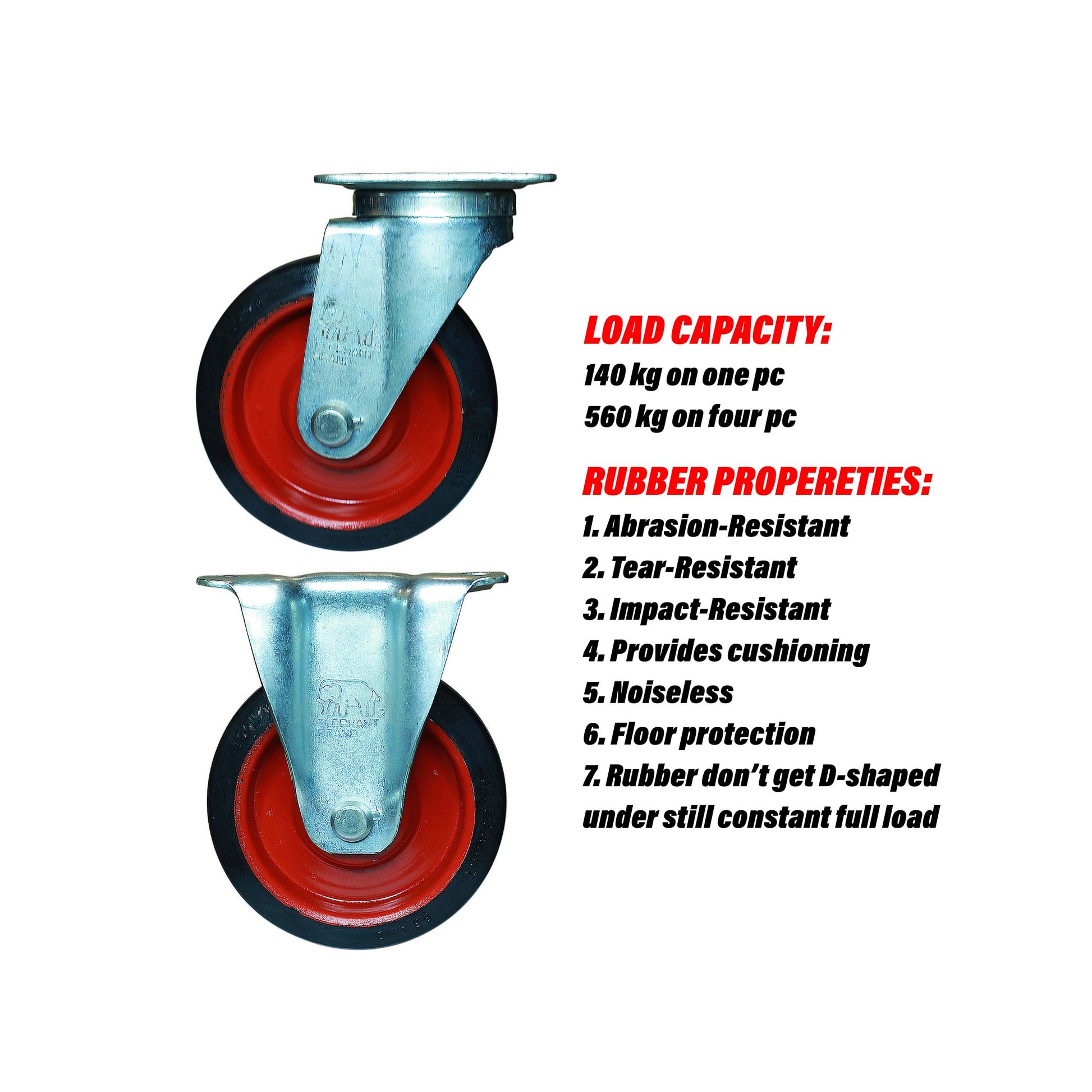 Swivel and rigid 6 inch caster wheels with rubber features like cushioning, noiseless and 560 kg load capacity.
