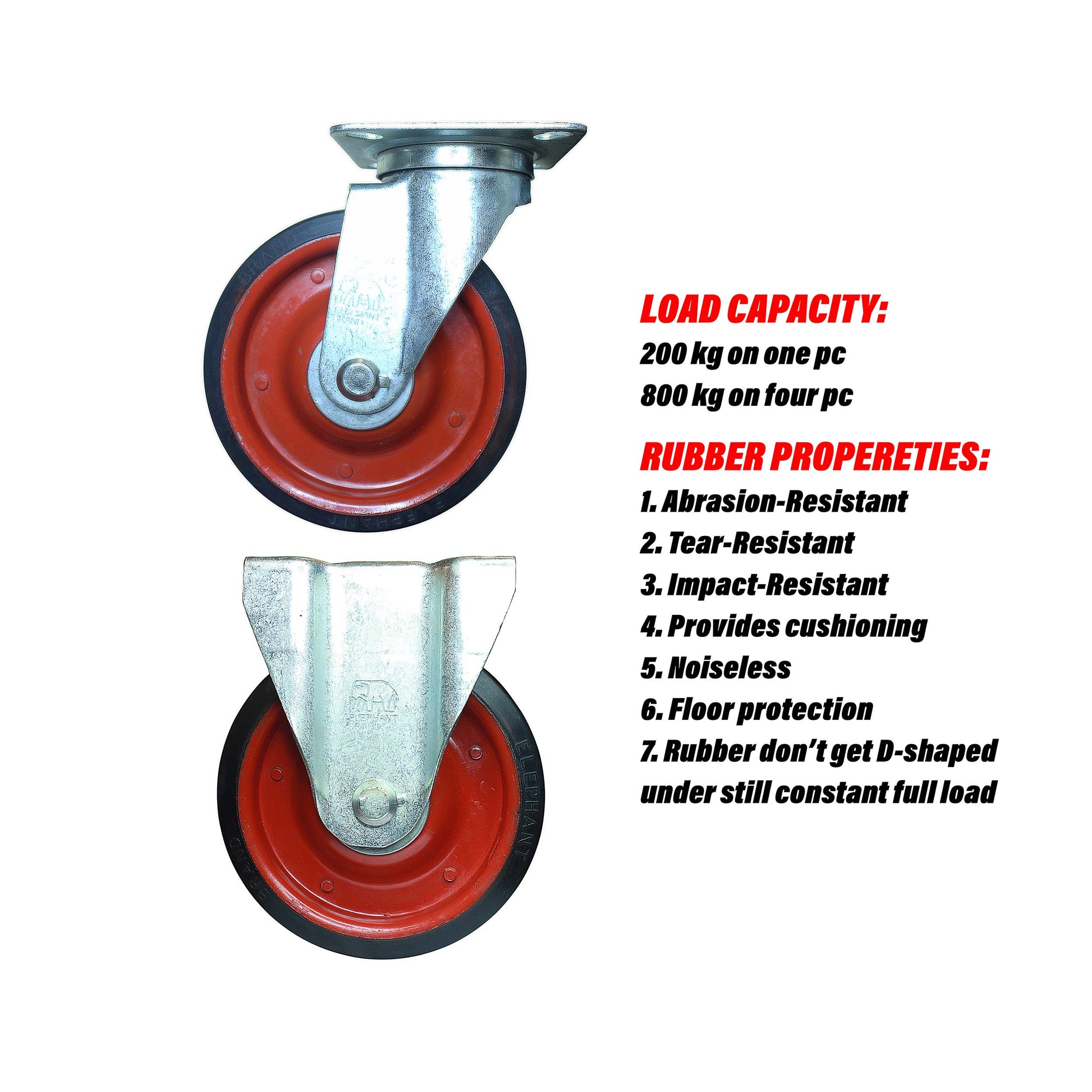 Swivel and rigid 8 inch caster wheels with rubber features like cushioning, noiseless and 800 kg load capacity.