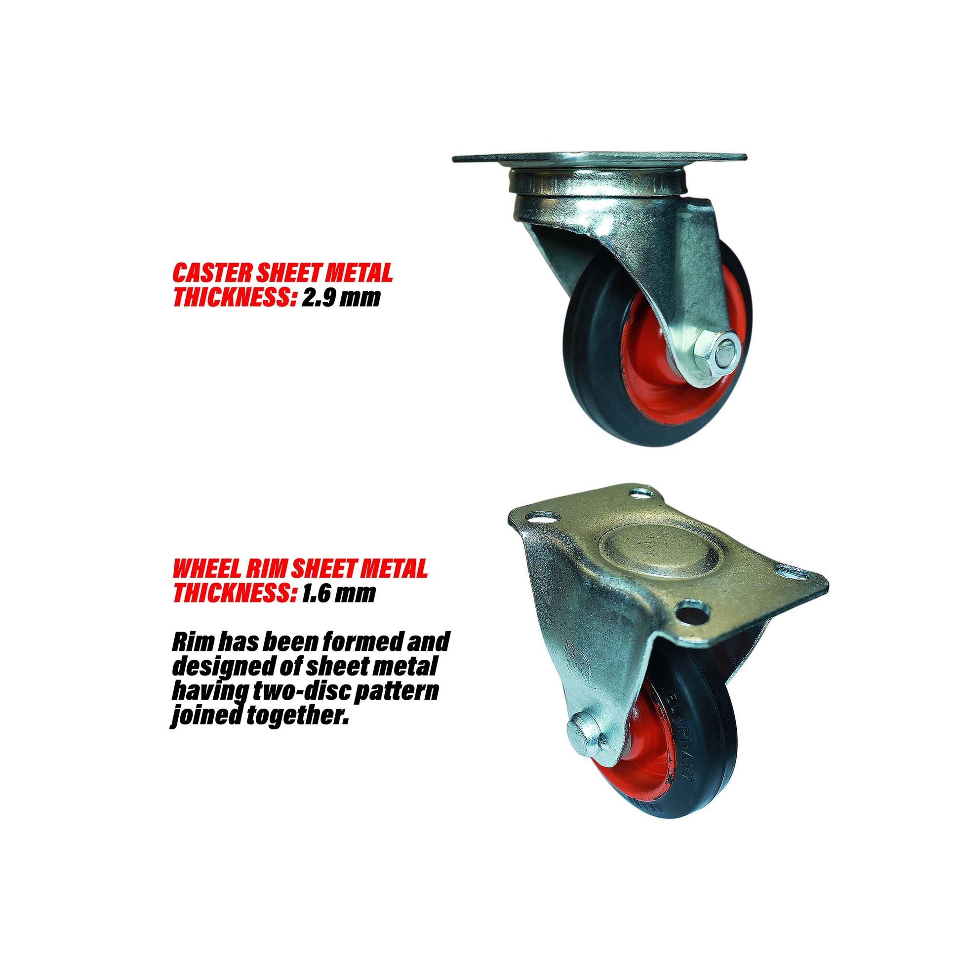 Swivel and rigid 4 inch caster wheels details about sheet metal thickness of caster and rim and design of rim.