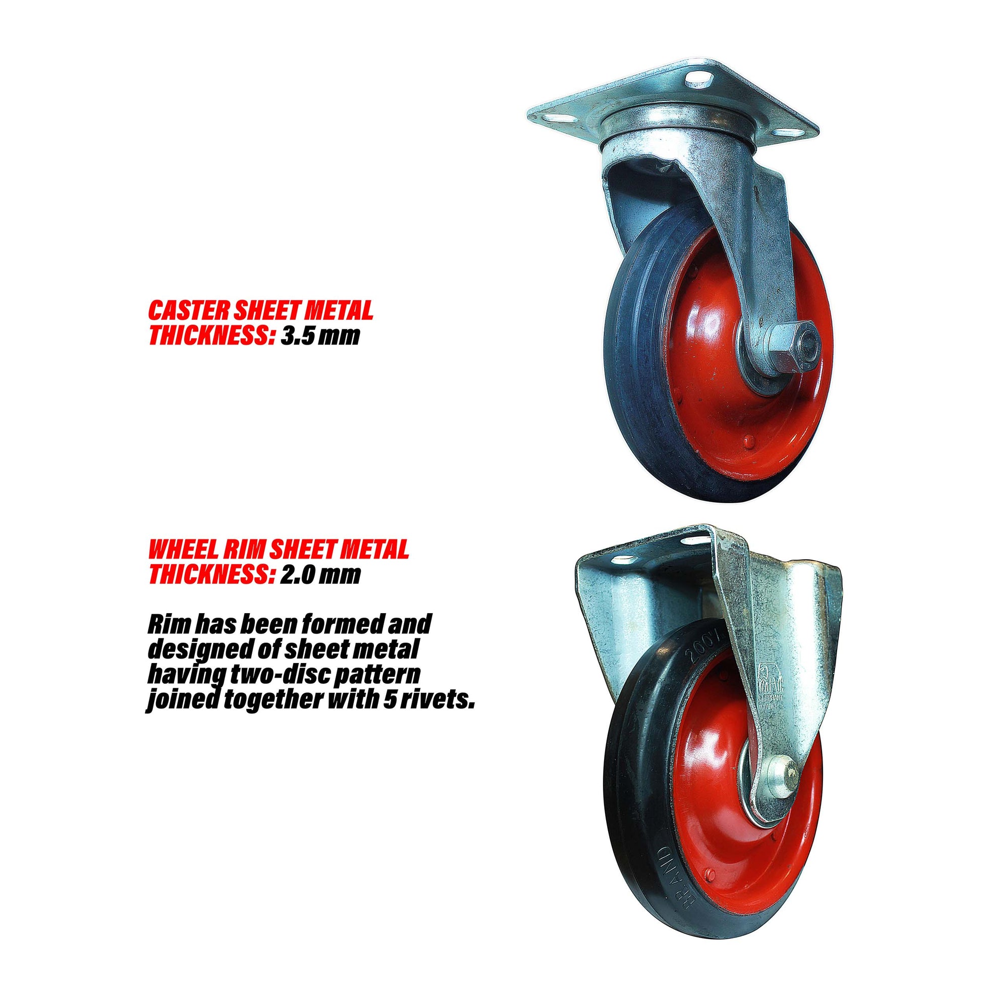 Swivel and rigid 8 inch caster wheels details about sheet metal thickness of caster and rim and design of rim.