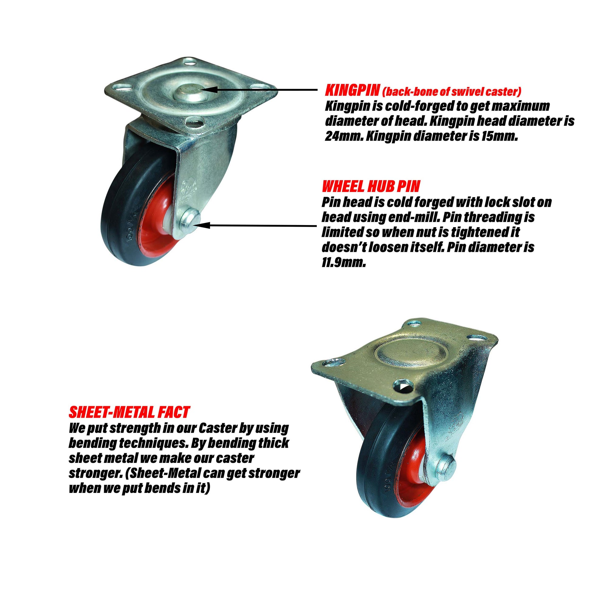 Swivel and rigid 4 inch caster wheels describing kingpin design, wheel hub pin design and sheet metal bending techniques of caster.