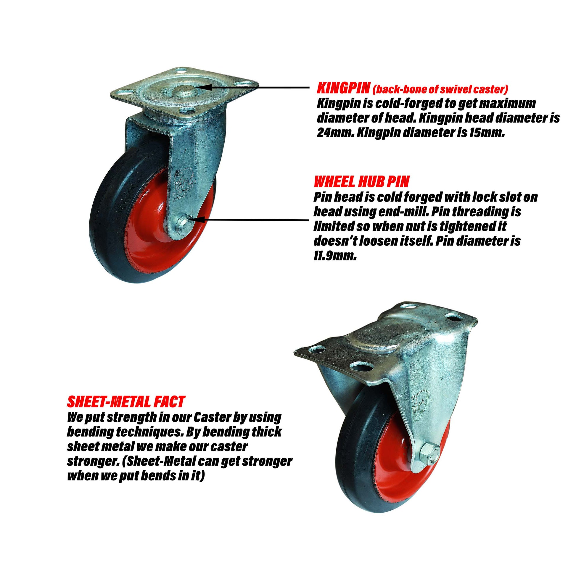 Swivel and rigid 6 inch caster wheels describing kingpin design, wheel hub pin design and sheet metal bending techniques of caster.