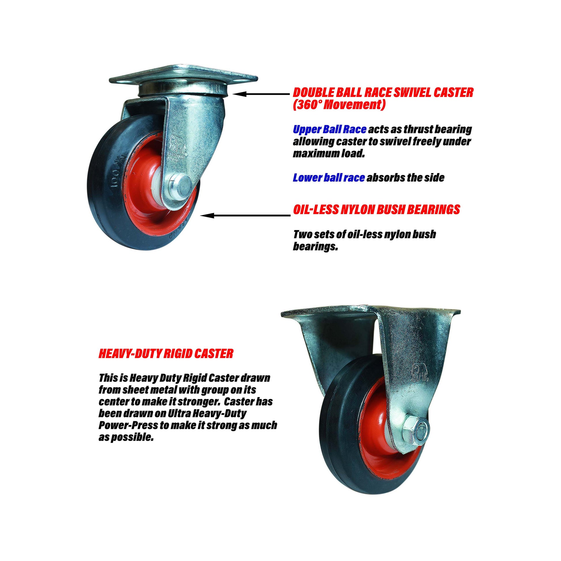 Swivel and rigid 4 inch caster wheels describing swivel mechanism, oil less wheel bearings and strong rigid caster.