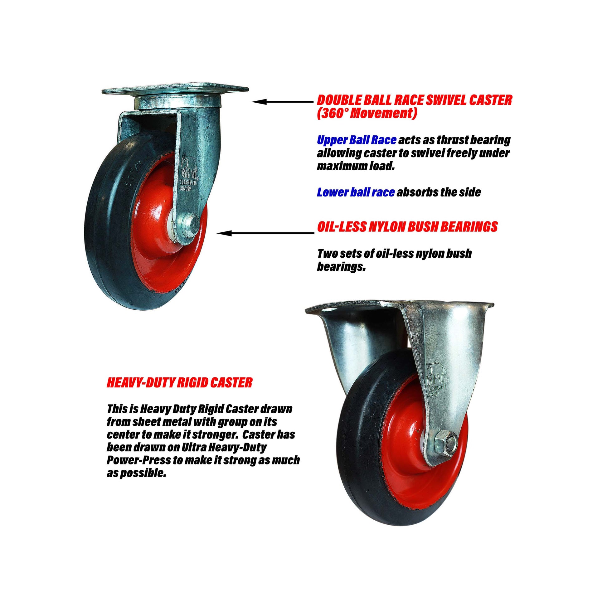 Swivel and rigid 6 inch caster wheels describing swivel mechanism, oil less wheel bearings and strong rigid caster.