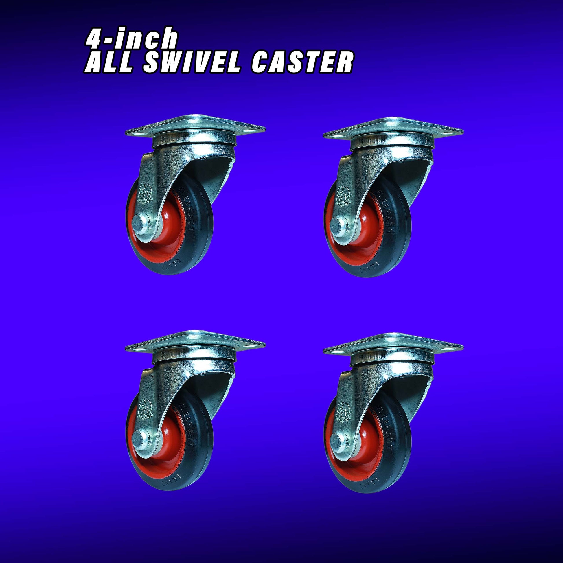 Set of four all swivel 4 inch caster wheels with rubber tread and metal plate mount.