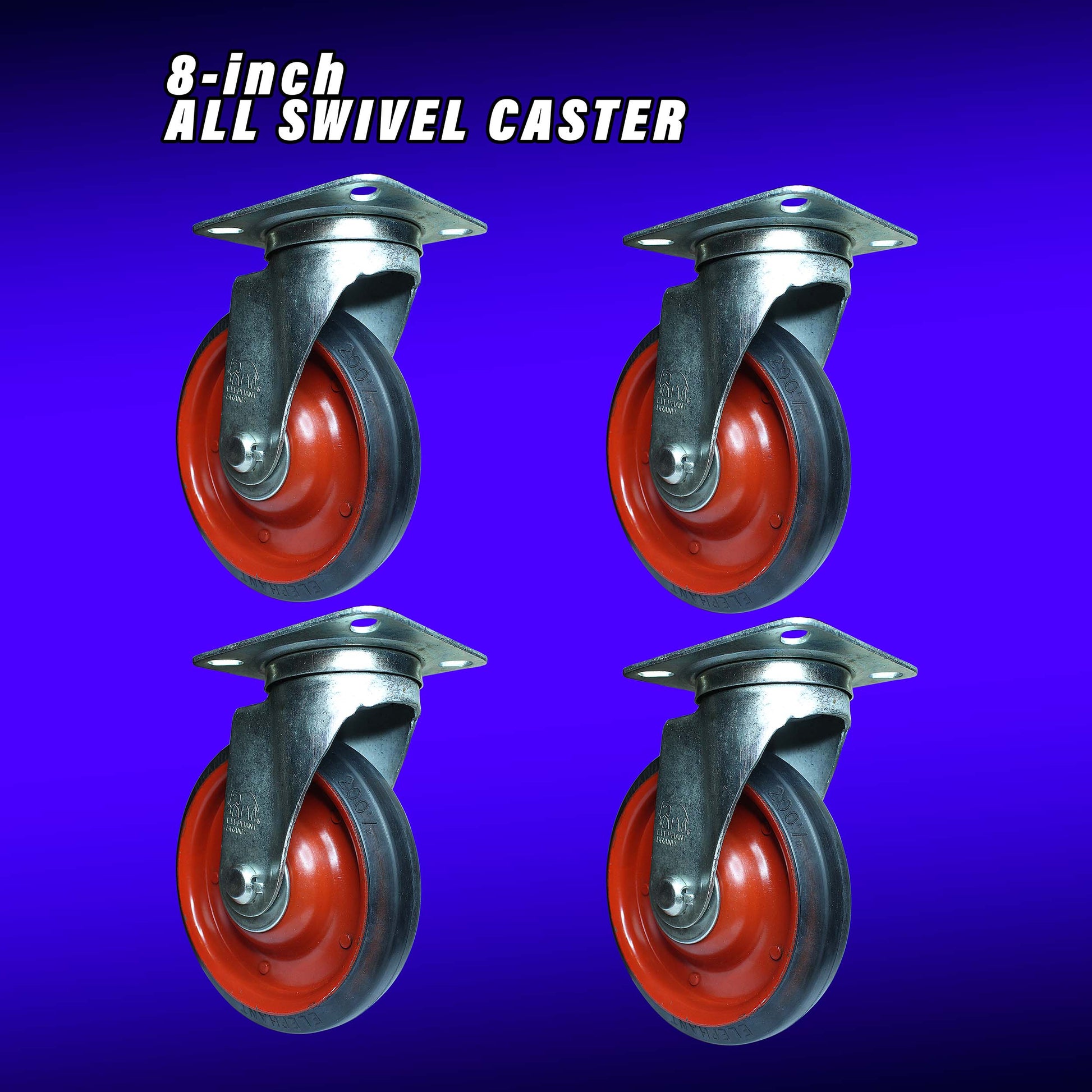 Set of four all swivel 8 inch caster wheels with rubber tread and metal plate mount.