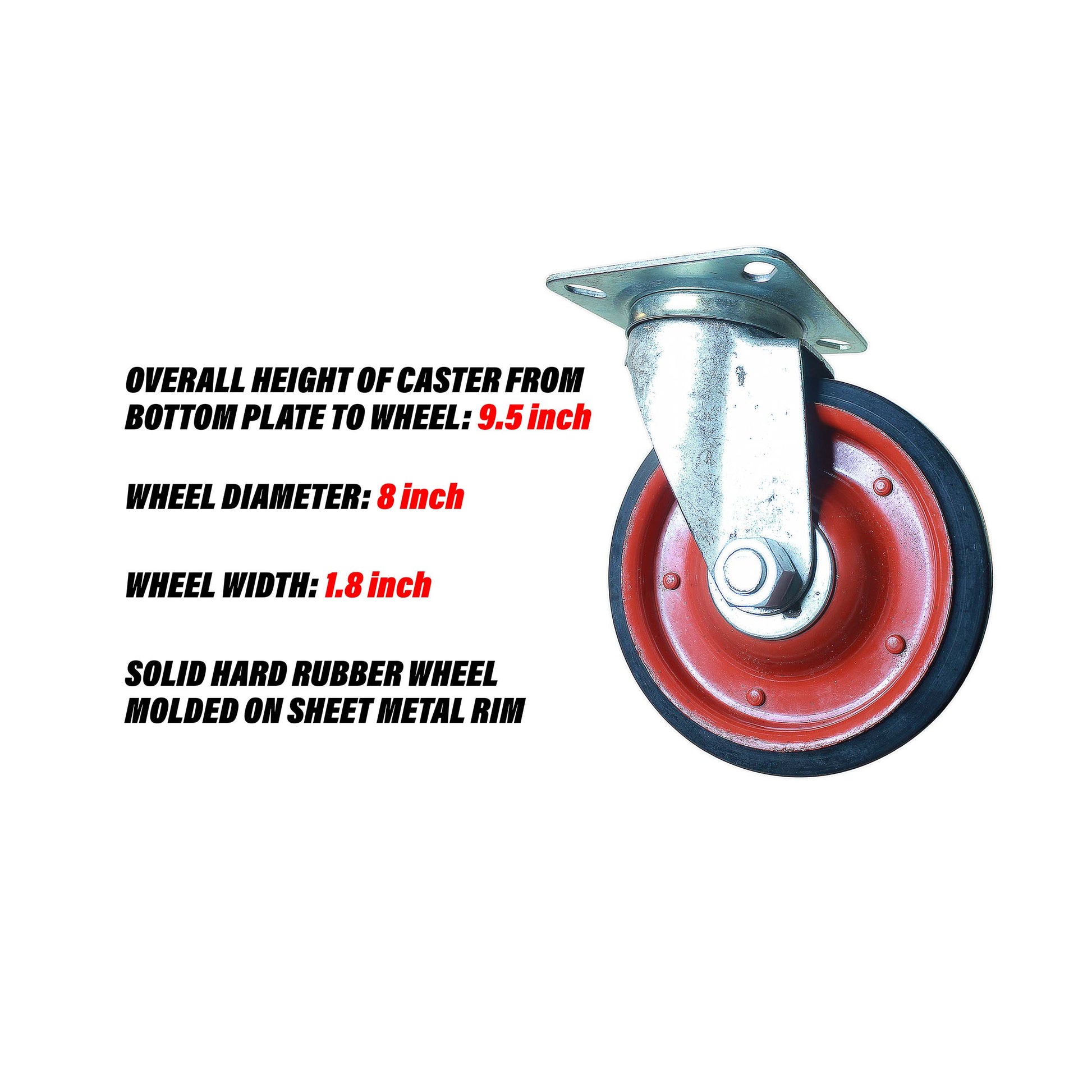 Swivel 8 inch caster wheel specification and wheel design.