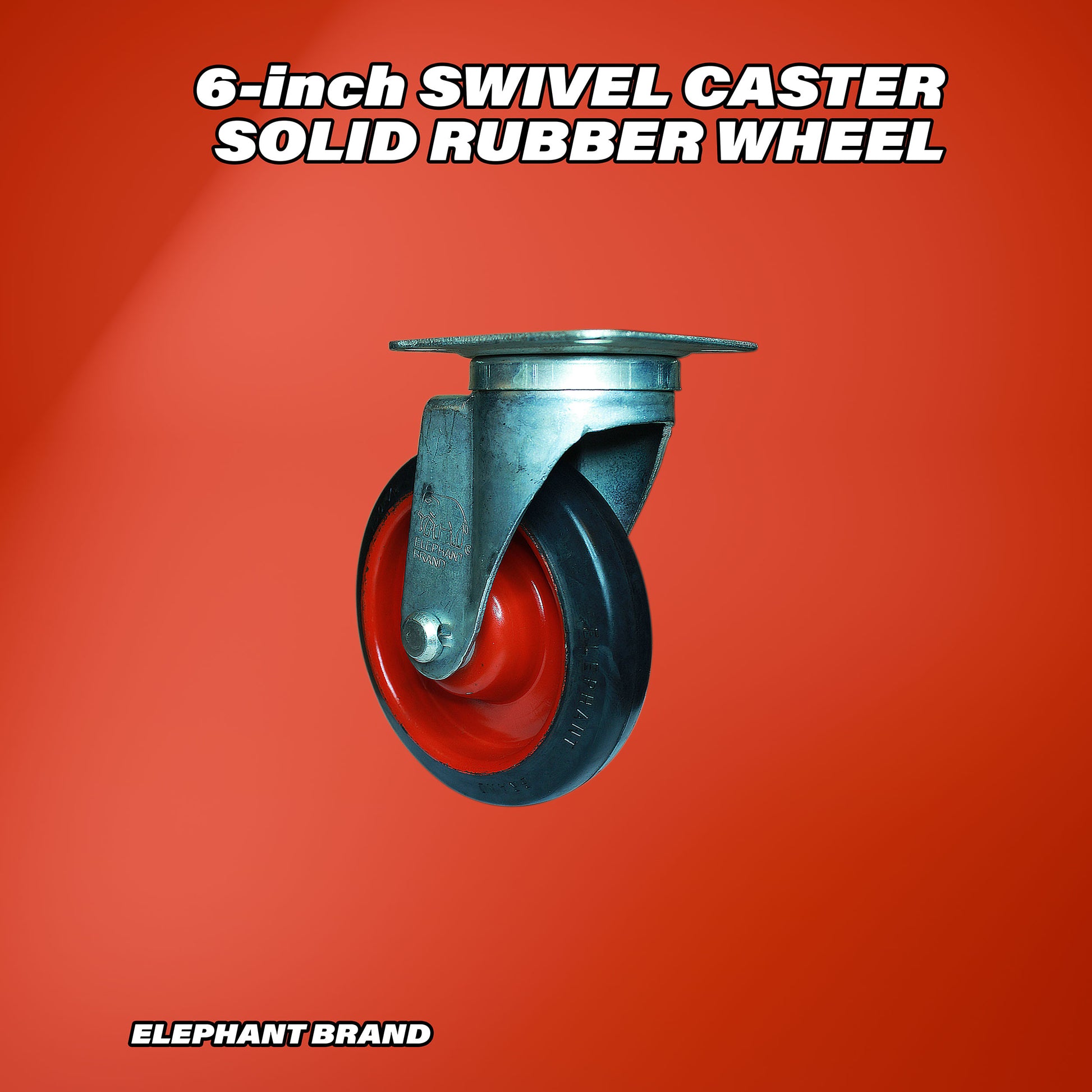 Swivel 6 inch caster wheel with rubber tread and metal plate mount.