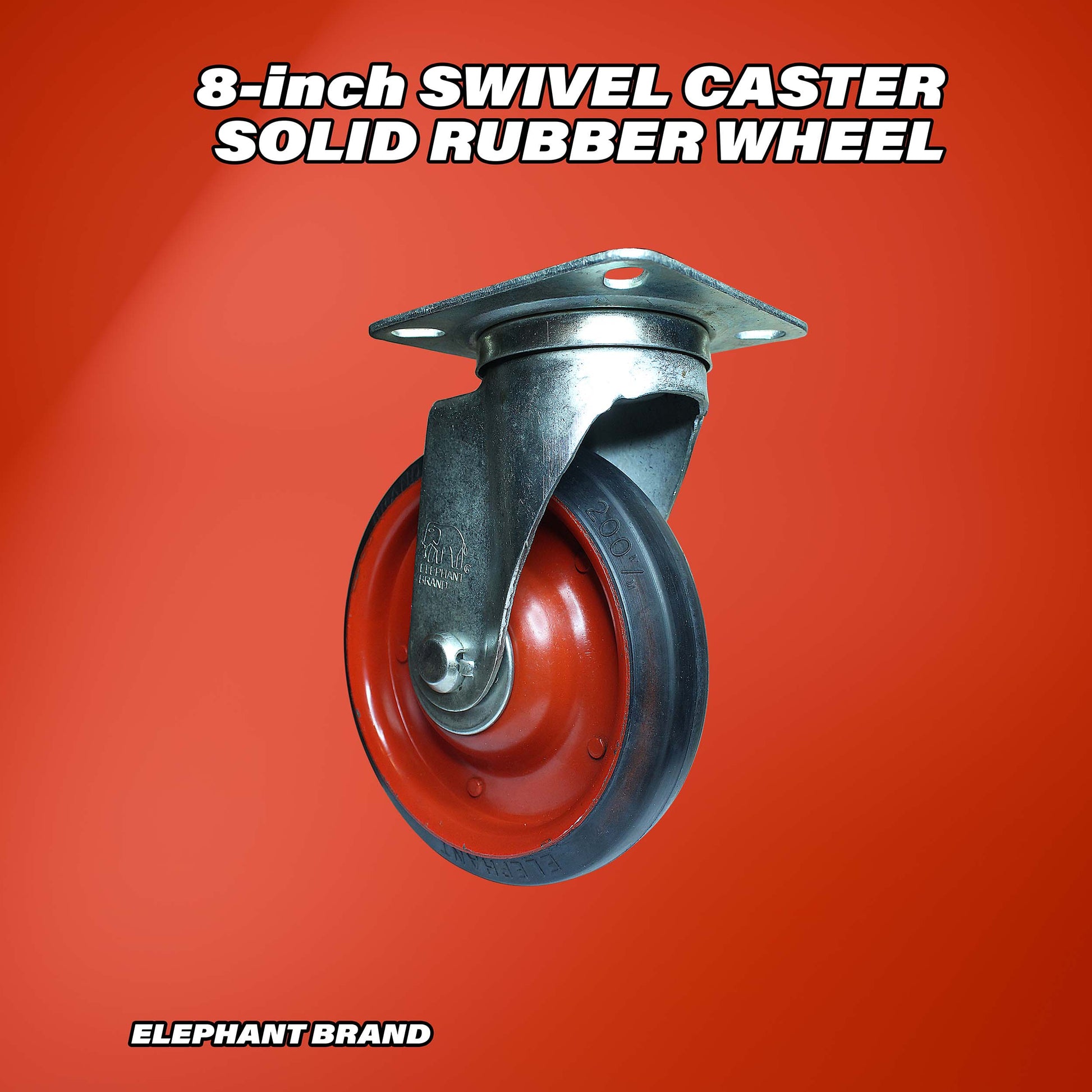 Swivel 8 inch caster wheel with rubber tread and metal plate mount.
