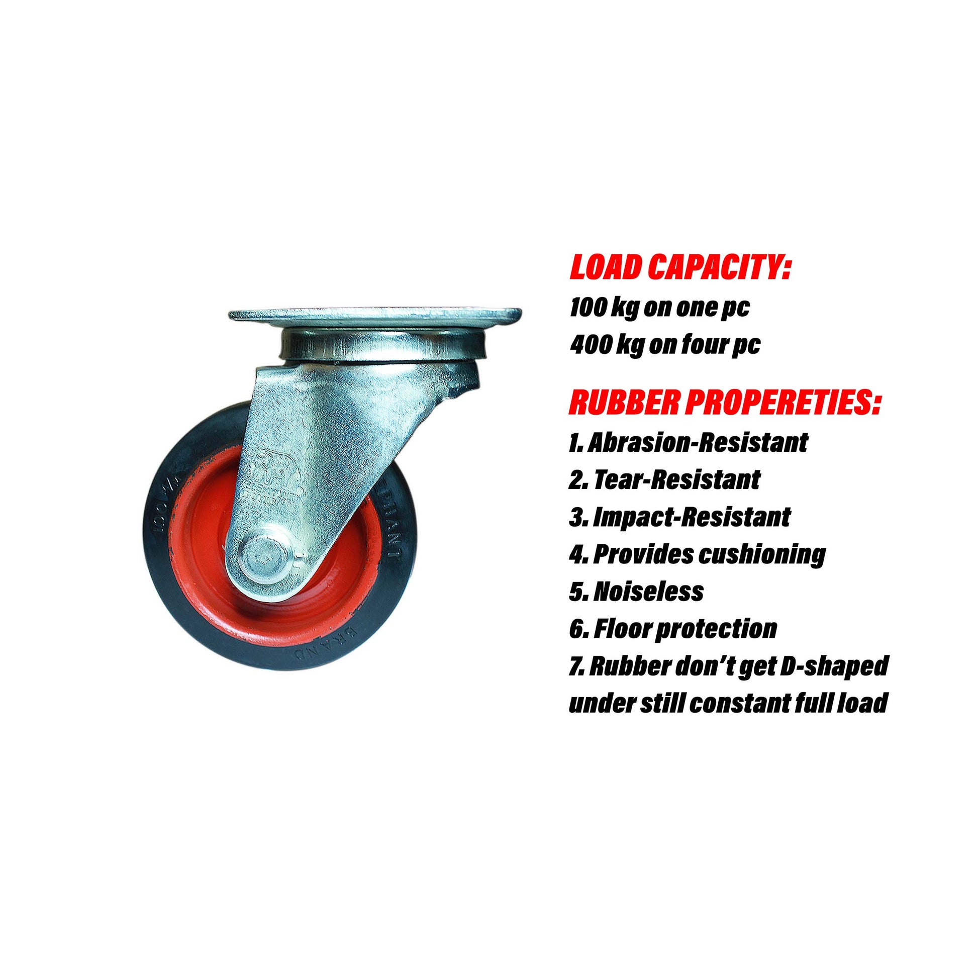 Swivel 4 inch caster wheel with rubber features like cushioning, noiseless and 400 kg load capacity.