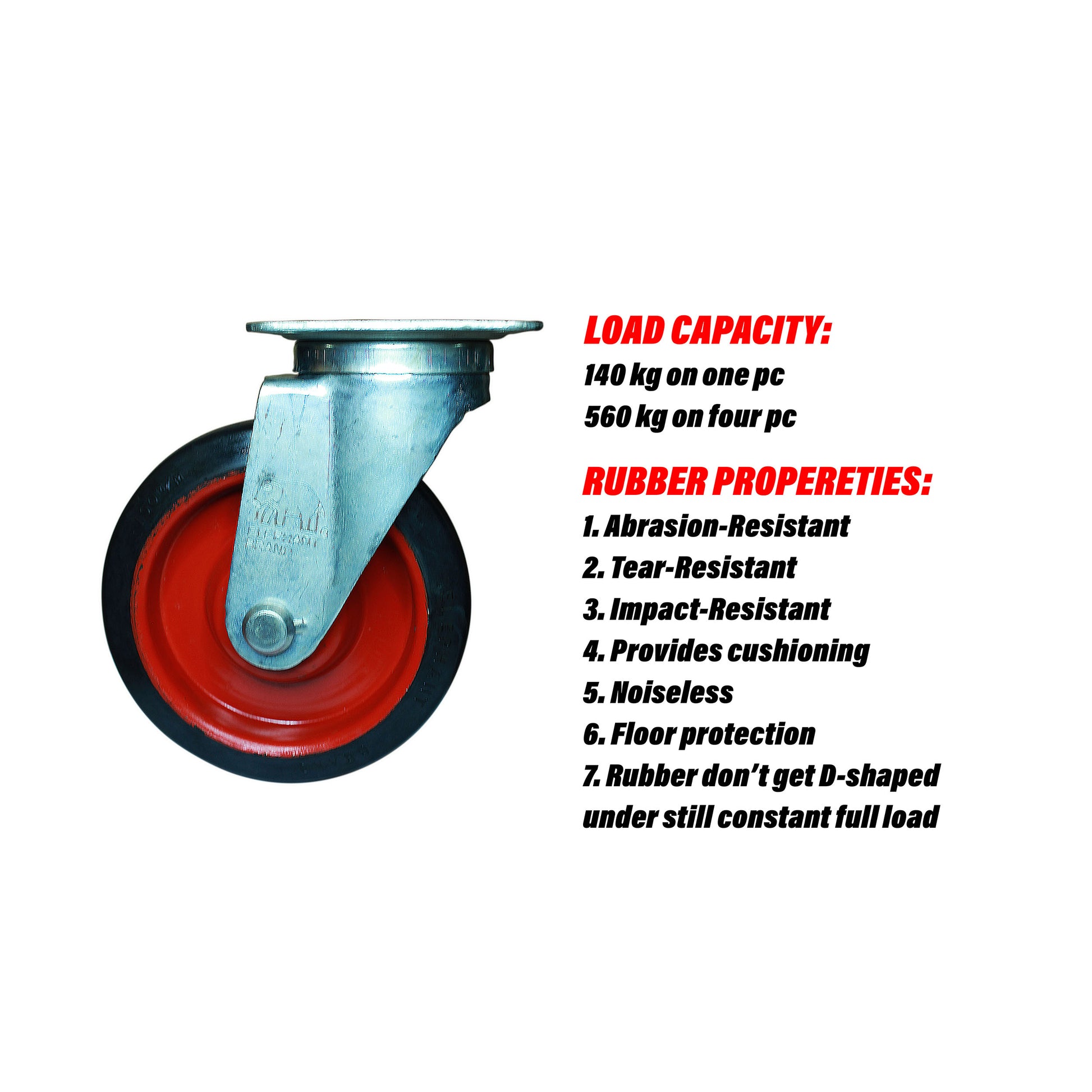 Swivel 6 inch caster wheel with rubber features like cushioning, noiseless and 560 kg load capacity.
