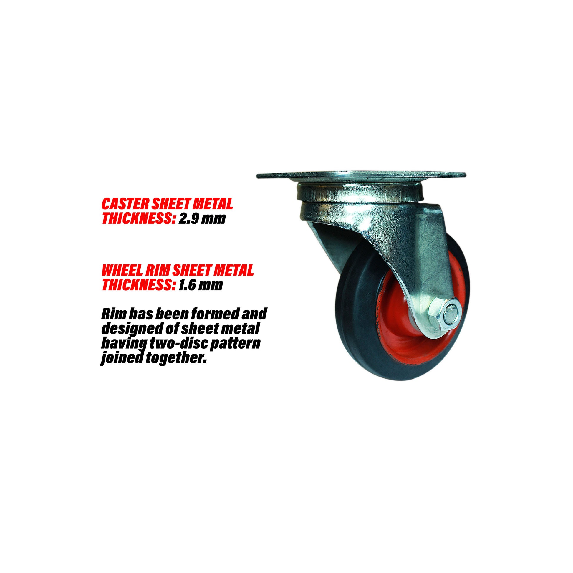 Swivel 4 inch caster wheel details about sheet metal thickness of caster and rim and design of rim.