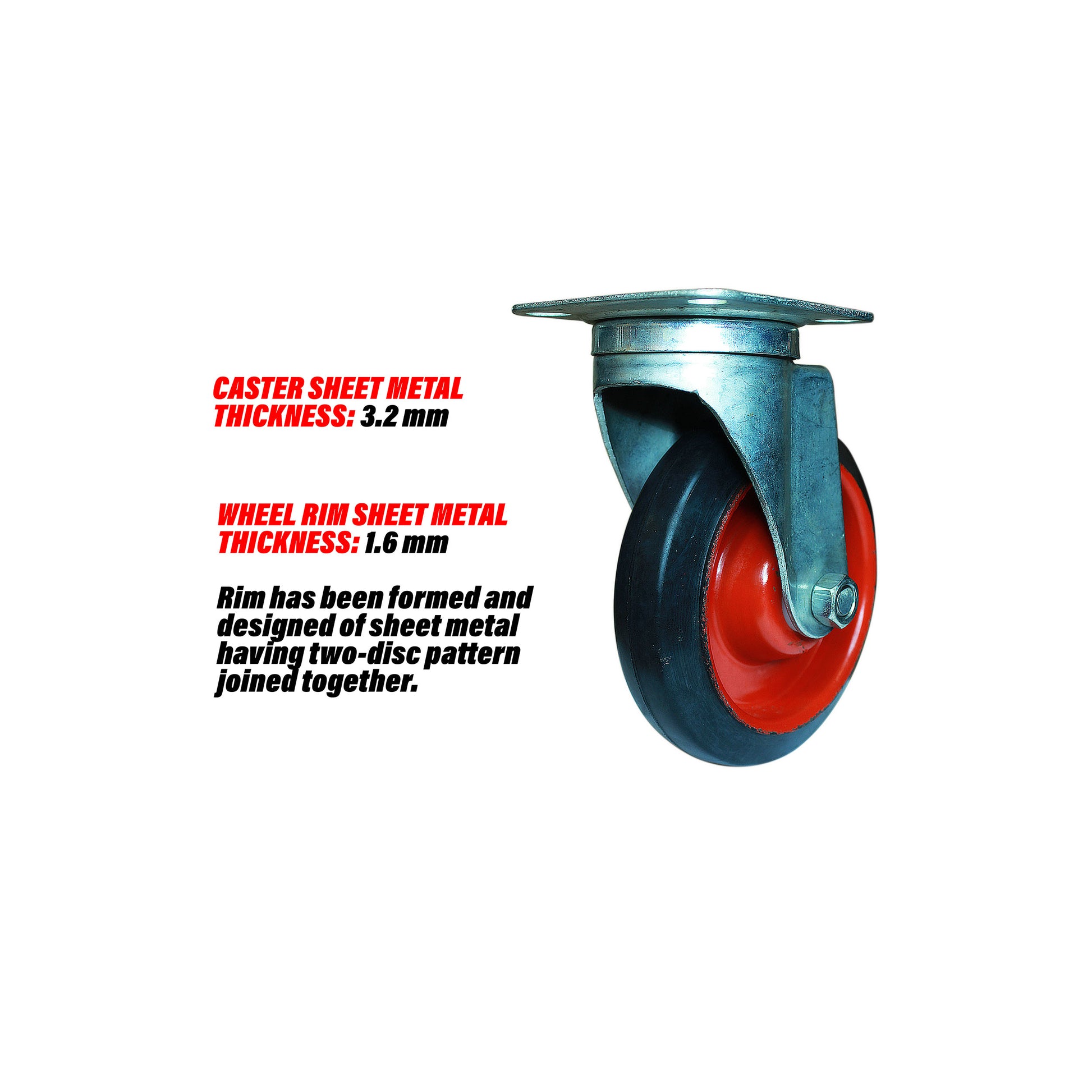 Swivel 6 inch caster wheel details about sheet metal thickness of caster and rim and design of rim.