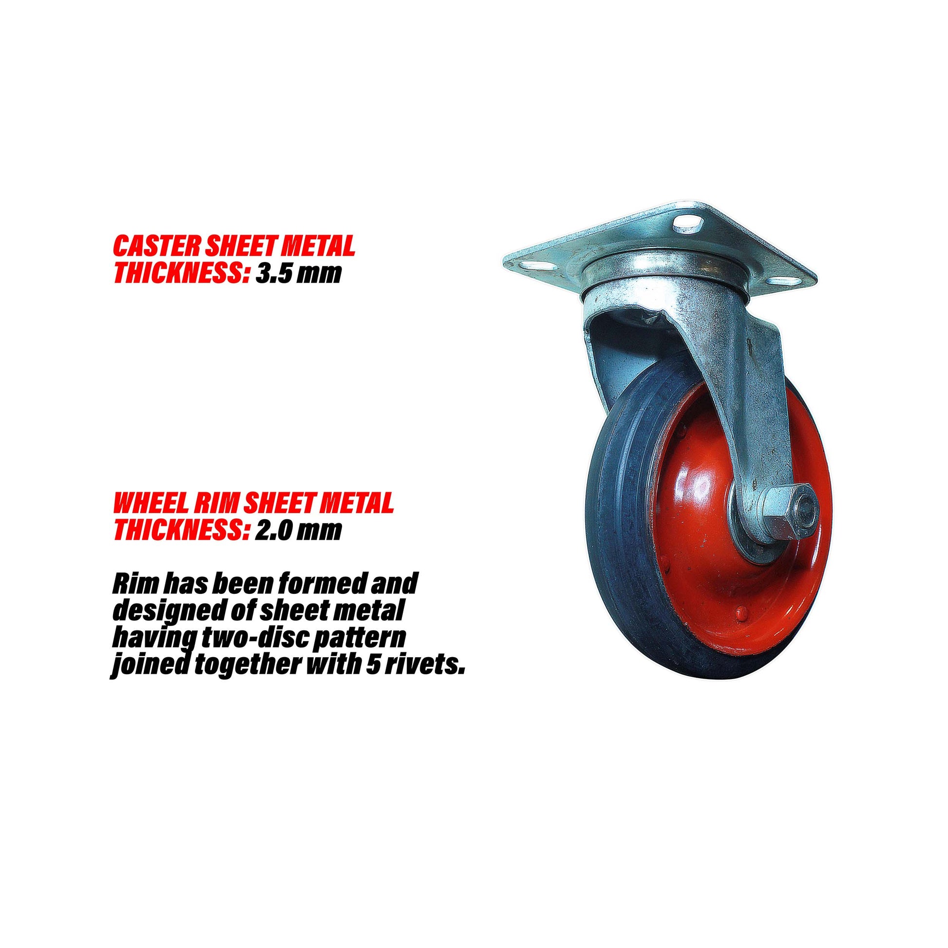 Swivel 8 inch caster wheel details about sheet metal thickness of caster and rim and design of rim.