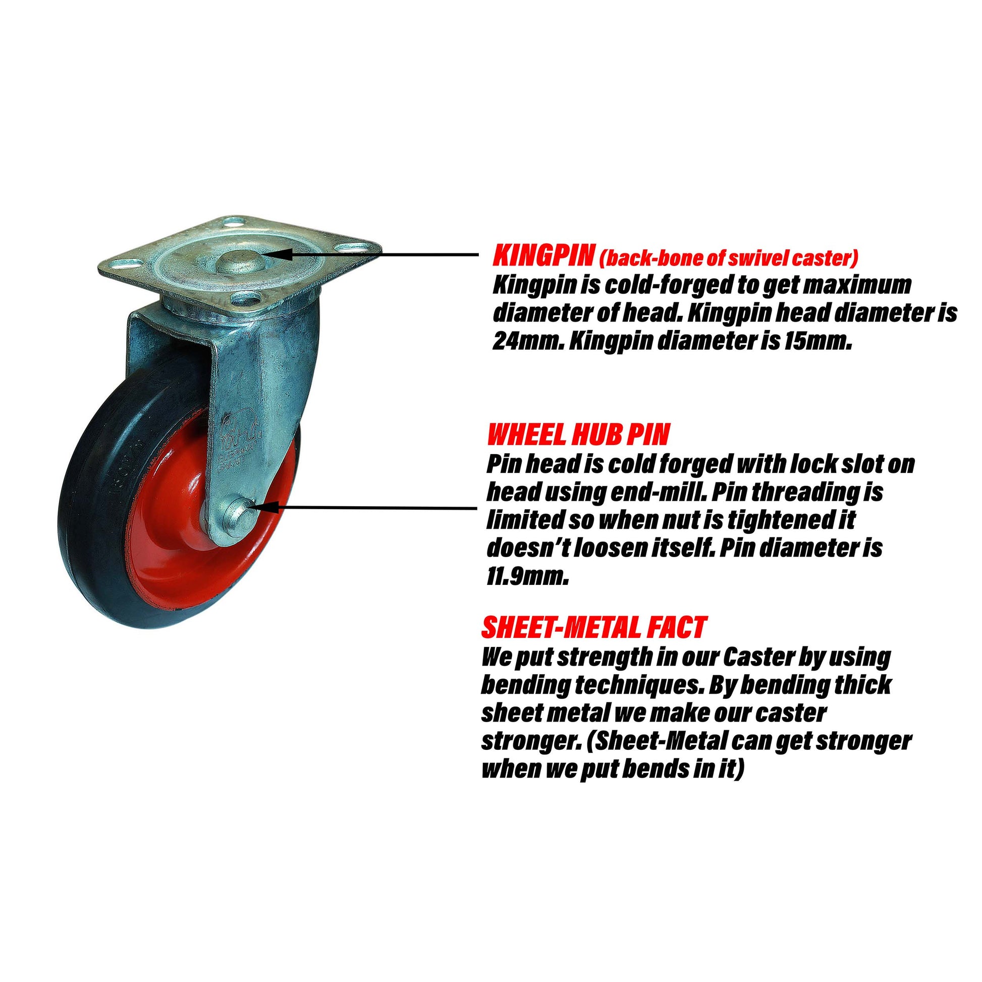 Swivel 6 inch caster wheel describing kingpin design, wheel hub pin design and sheet metal bending techniques of caster.
