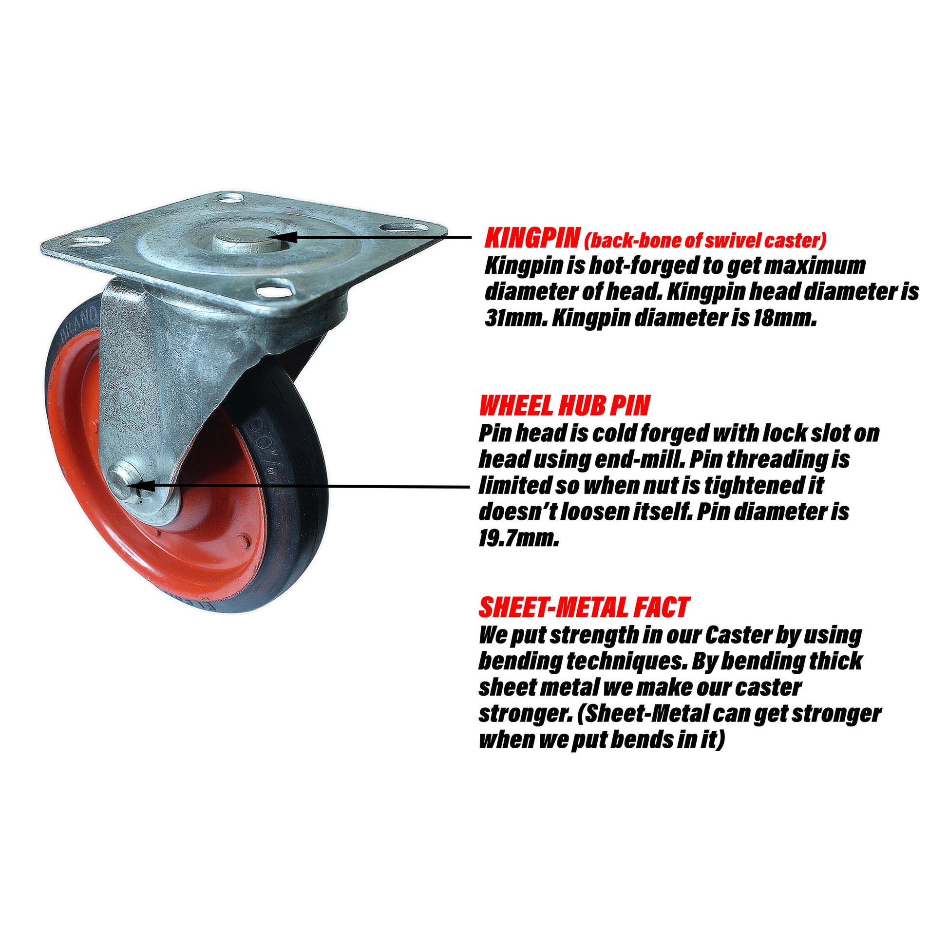 Swivel 8 inch caster wheel describing kingpin design, wheel hub pin design and sheet metal bending techniques of caster.