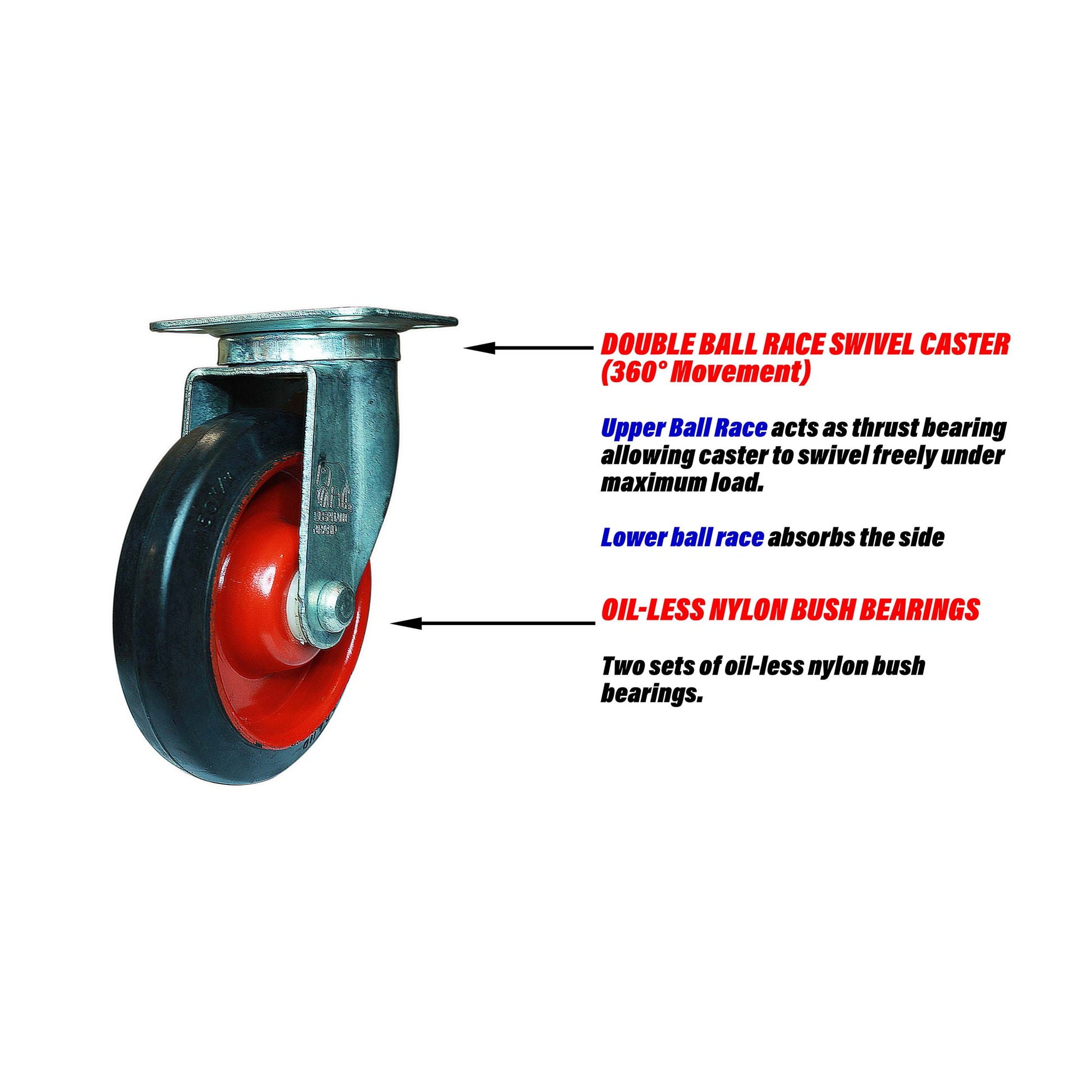 Swivel 6 inch caster wheel describing swivel mechanism and oil less wheel bearings.