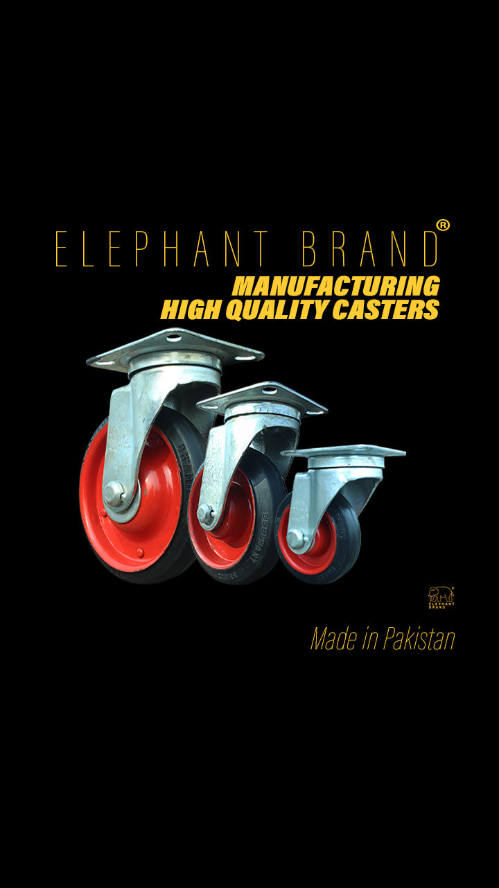 ELEPHANT BRAND logo with tagline "Manufacturing high quality casters, Made in Pakistan" showcasing caster wheels line up for mobile homepage banner.