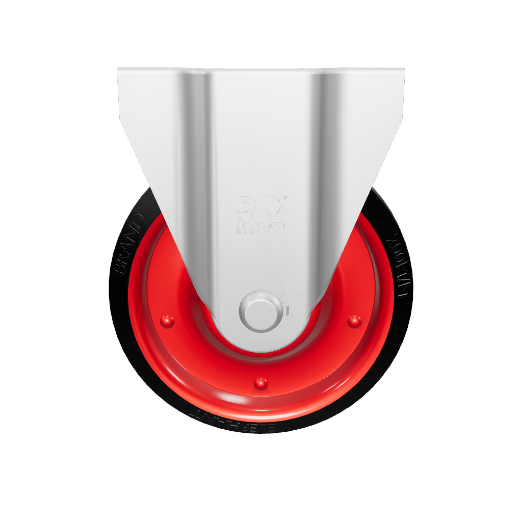 3D model of 8-inch rigid caster wheel with rubber tread and metal bracket for carts and trolleys