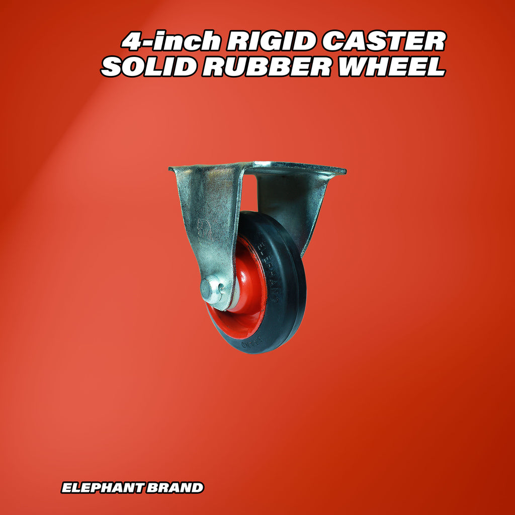Rigid 4 inch caster wheel with rubber tread and metal plate mount.