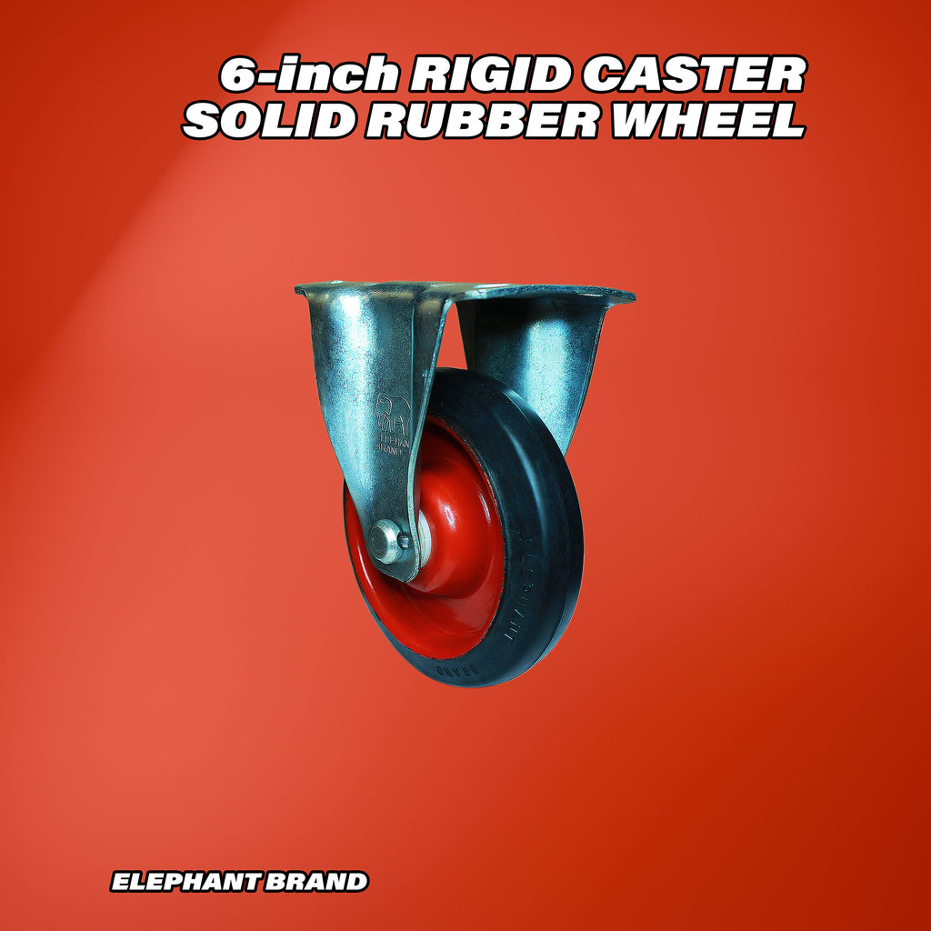 Rigid 6 inch caster wheel with rubber tread and metal plate mount.