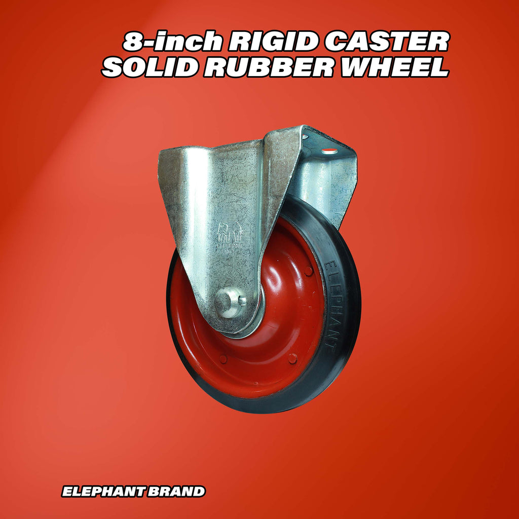 Rigid 8 inch caster wheel with rubber tread and metal plate mount.