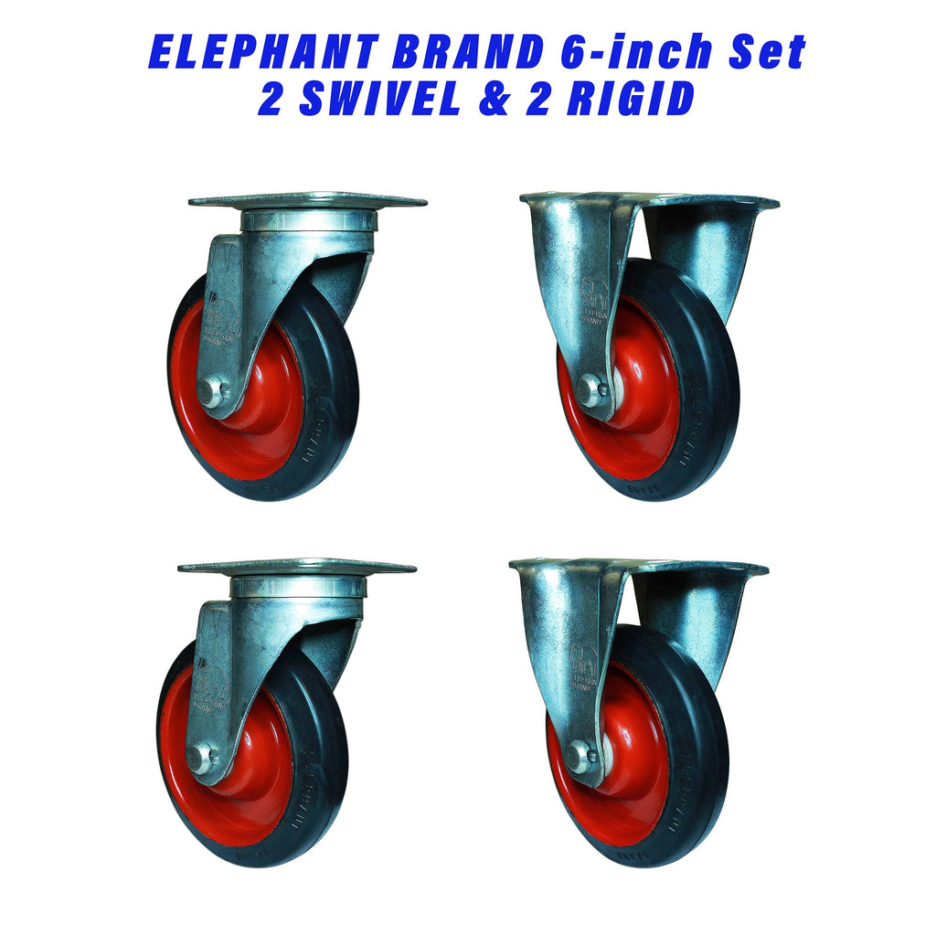 Set of two swivel and two rigid 6 inch caster wheels with rubber tread and metal plate mount.