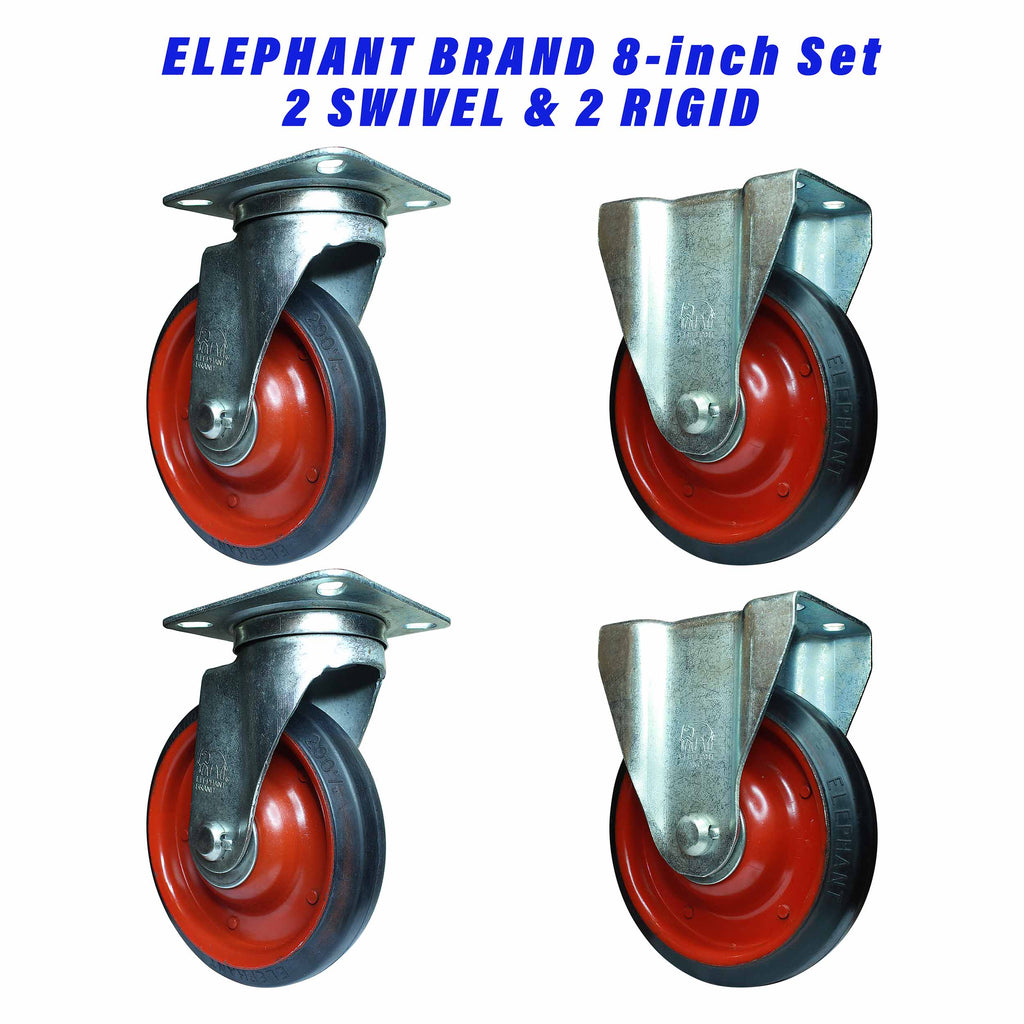 Set of two swivel and two rigid 8 inch caster wheels with rubber tread and metal plate mount.