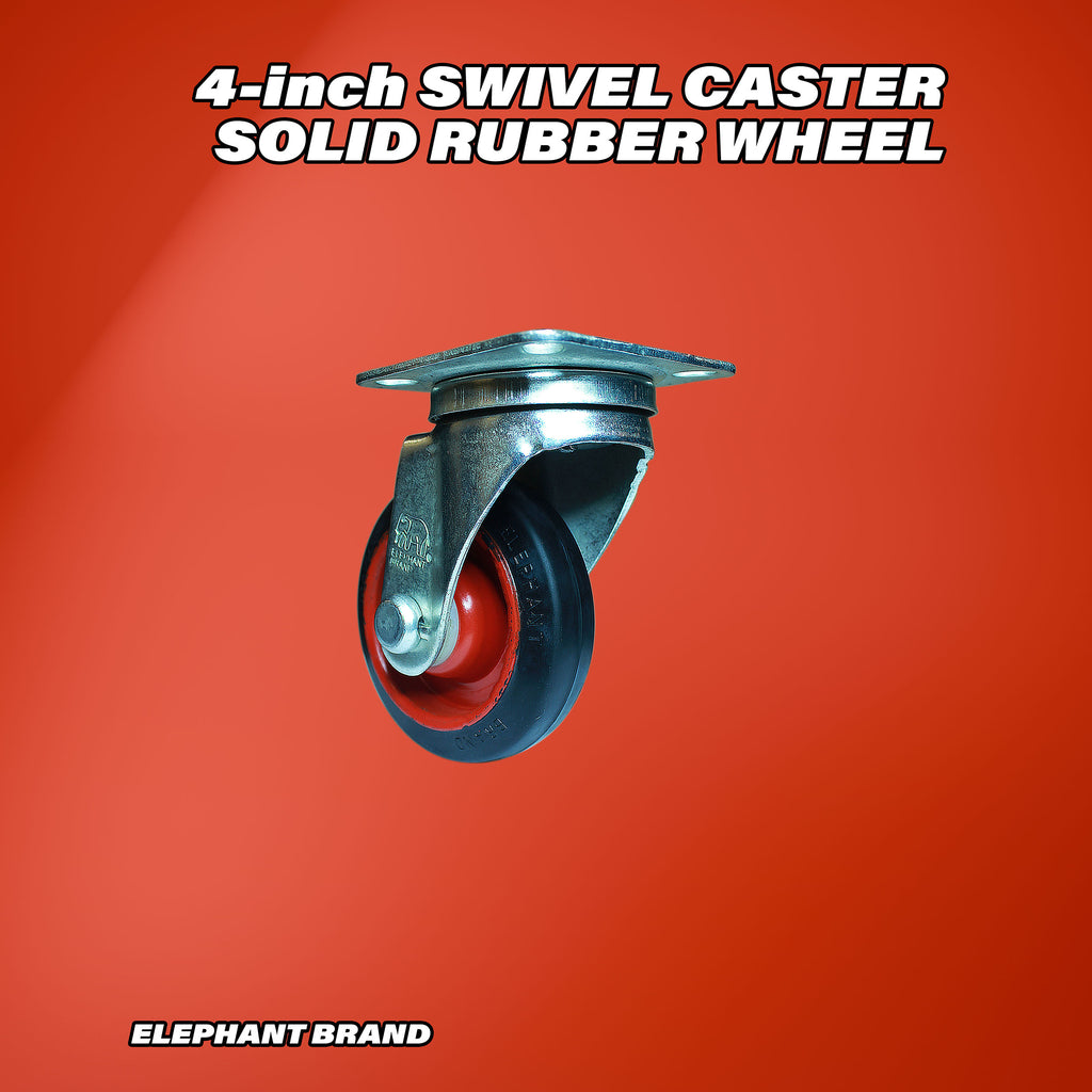 Swivel 4 inch caster wheel with rubber tread and metal plate mount.