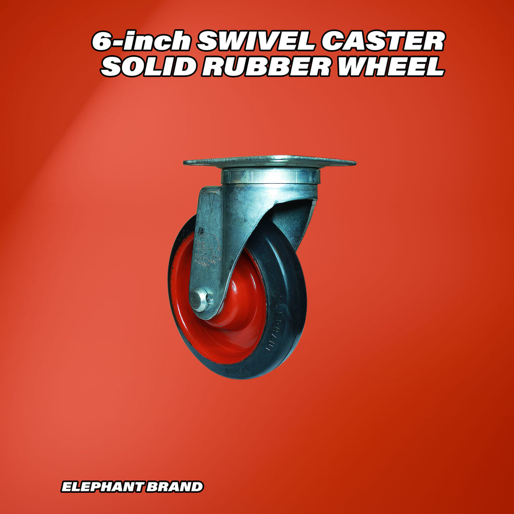 Swivel 6 inch caster wheel with rubber tread and metal plate mount.