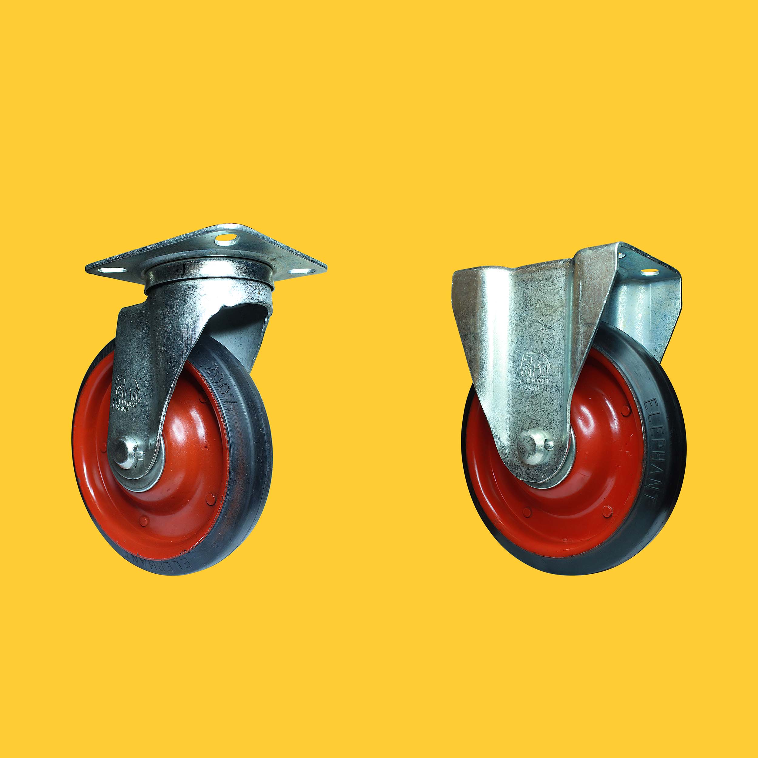 Two red caster wheels with metal brackets on a yellow background