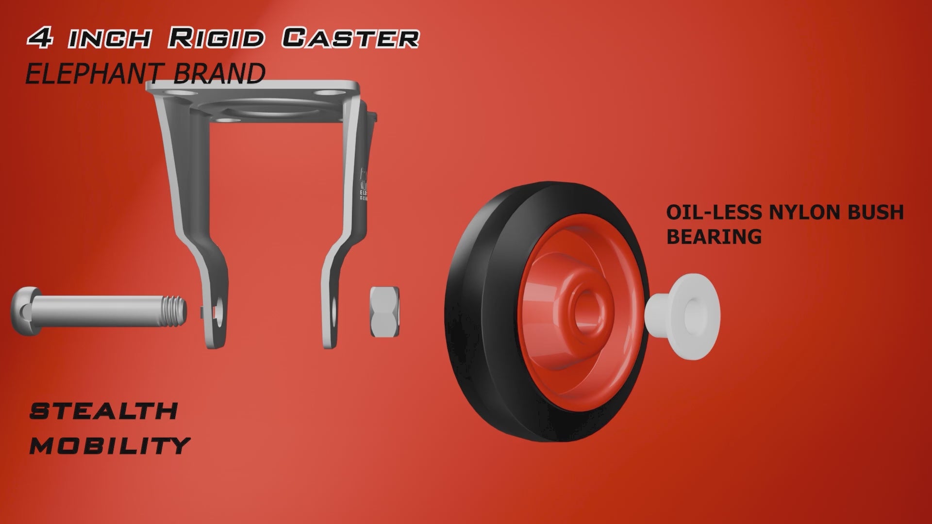 Cutaway animation video of 4 inch rigid caster wheel demonstrating caster design, wheel bearings and silent movement.