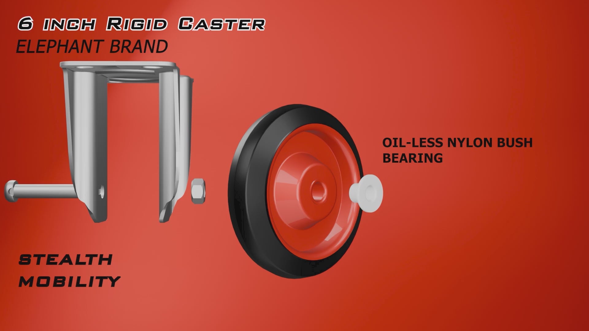Cutaway animation video of 6 inch rigid caster wheel demonstrating caster design, wheel bearings and silent movement.