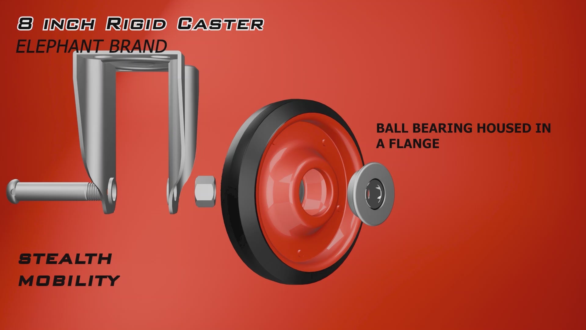 Cutaway animation video of 8 inch rigid caster wheel demonstrating caster design, wheel bearings and silent movement.